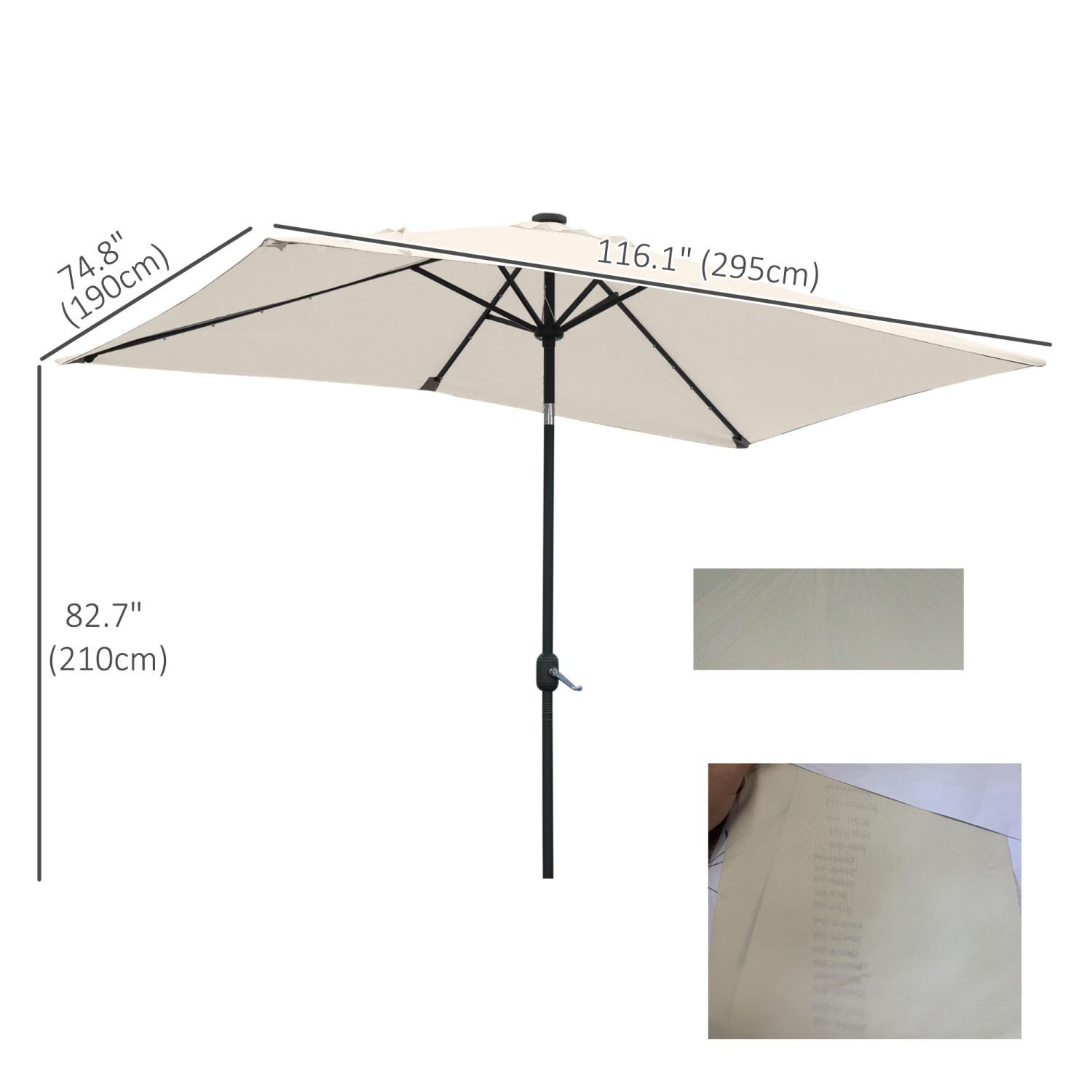 Parasol de patio de 6 x 10 pi avec 22 lampes solaires DEL et inclinable Outsunny, parasol rectangulaire d'extérieur avec manivelle, beige