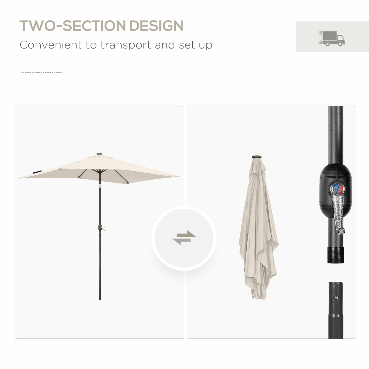 Parasol de patio de 6 x 10 pi avec 22 lampes solaires DEL et inclinable Outsunny, parasol rectangulaire d'extérieur avec manivelle, beige