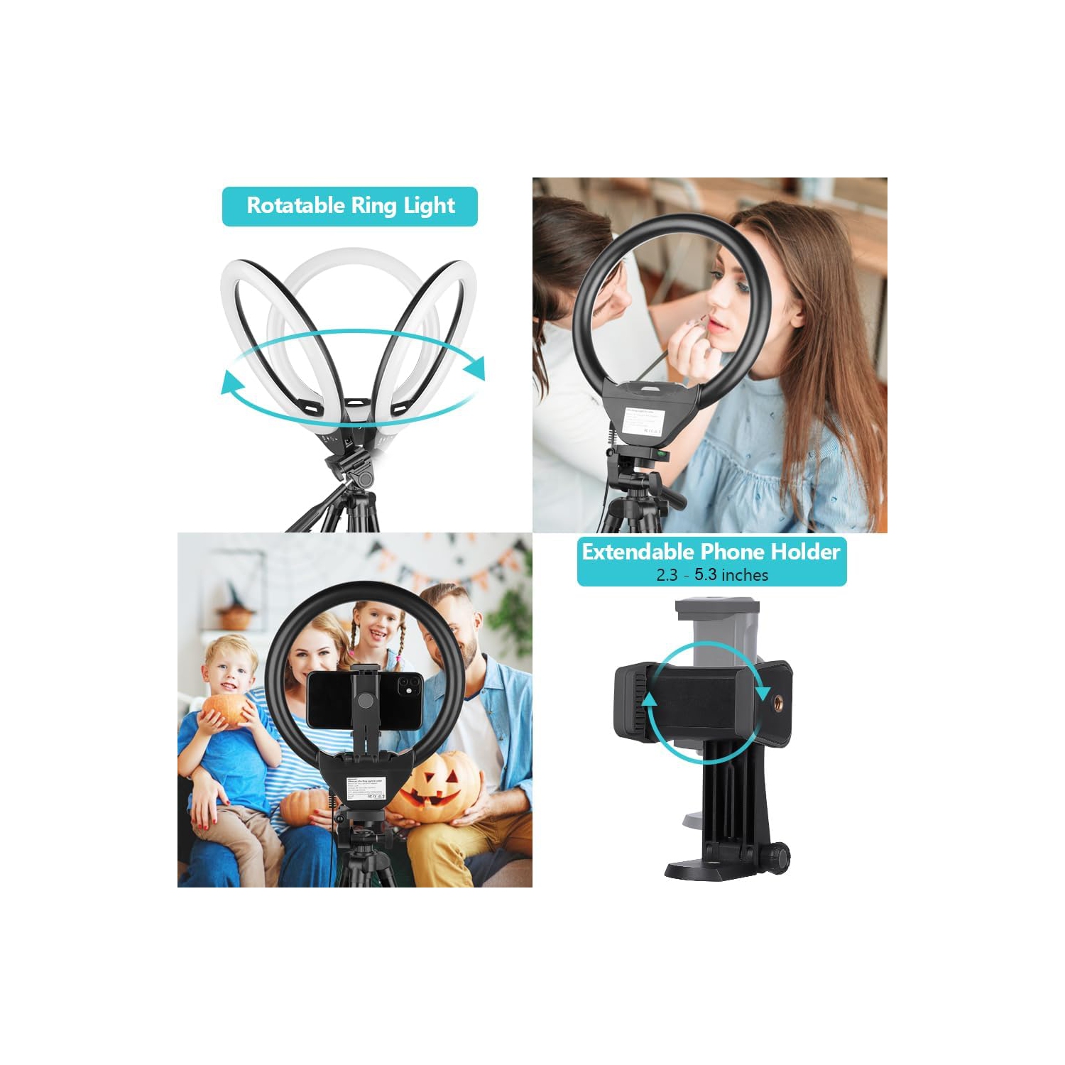 Anneau lumineux de 10 po avec trépied extensible de 50 po/cercles lumineux DEL avec support pour téléphone pour diffusion en direct/maquillage/vidéo