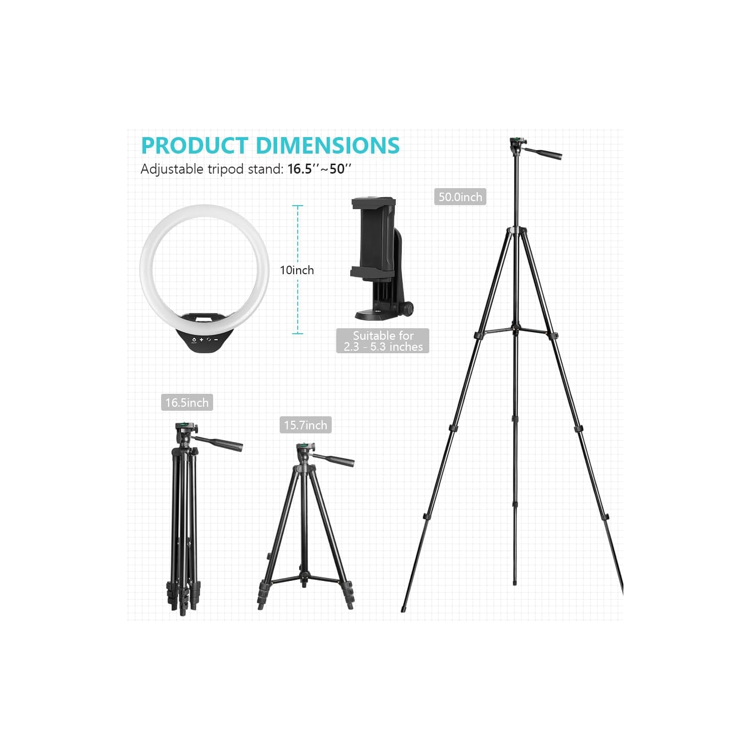 Anneau lumineux de 10 po avec trépied extensible de 50 po/cercles lumineux DEL avec support pour téléphone pour diffusion en direct/maquillage/vidéo