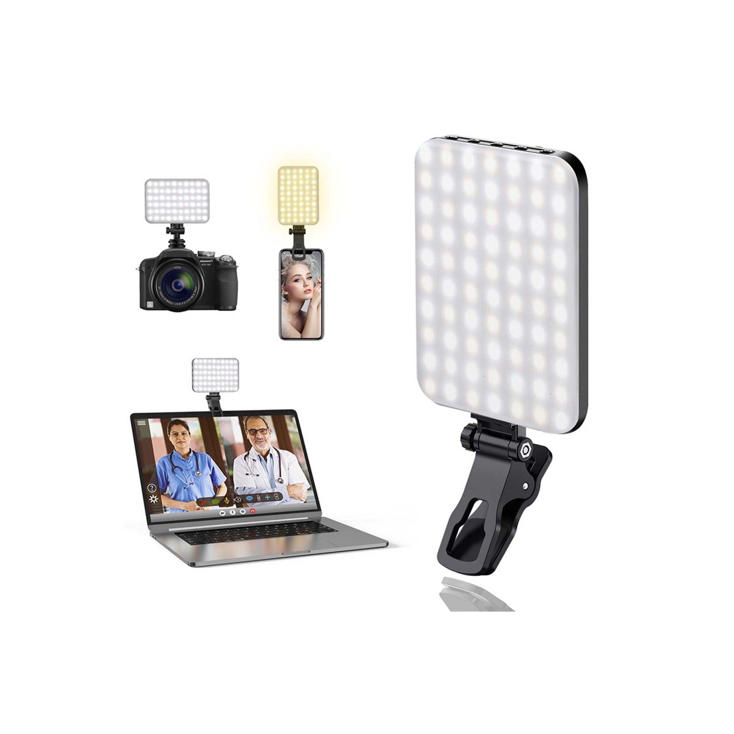 Lampe à DEL portative pour égoportraits, éclairage de conférence vidéo, pince, trépied, adaptateur rechargeable 2200&nbsp;mAh CRI 97+/3 modes