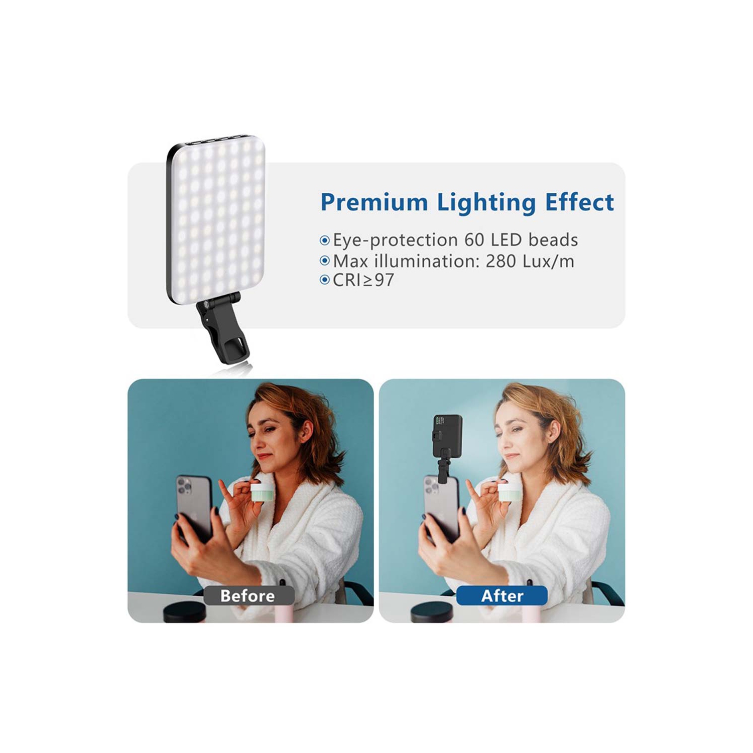 Lampe à DEL portative pour égoportraits, éclairage de conférence vidéo, pince, trépied, adaptateur rechargeable 2200&nbsp;mAh CRI 97+/3 modes