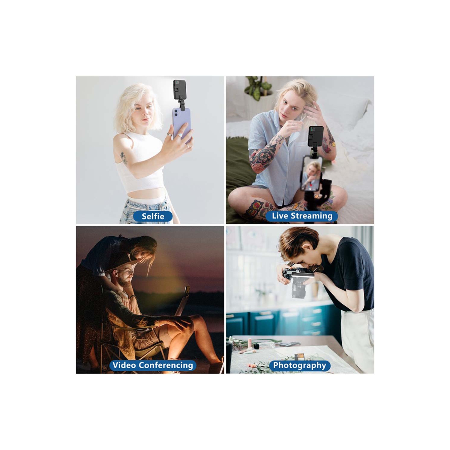 Lampe à DEL portative pour égoportraits, éclairage de conférence vidéo, pince, trépied, adaptateur rechargeable 2200&nbsp;mAh CRI 97+/3 modes