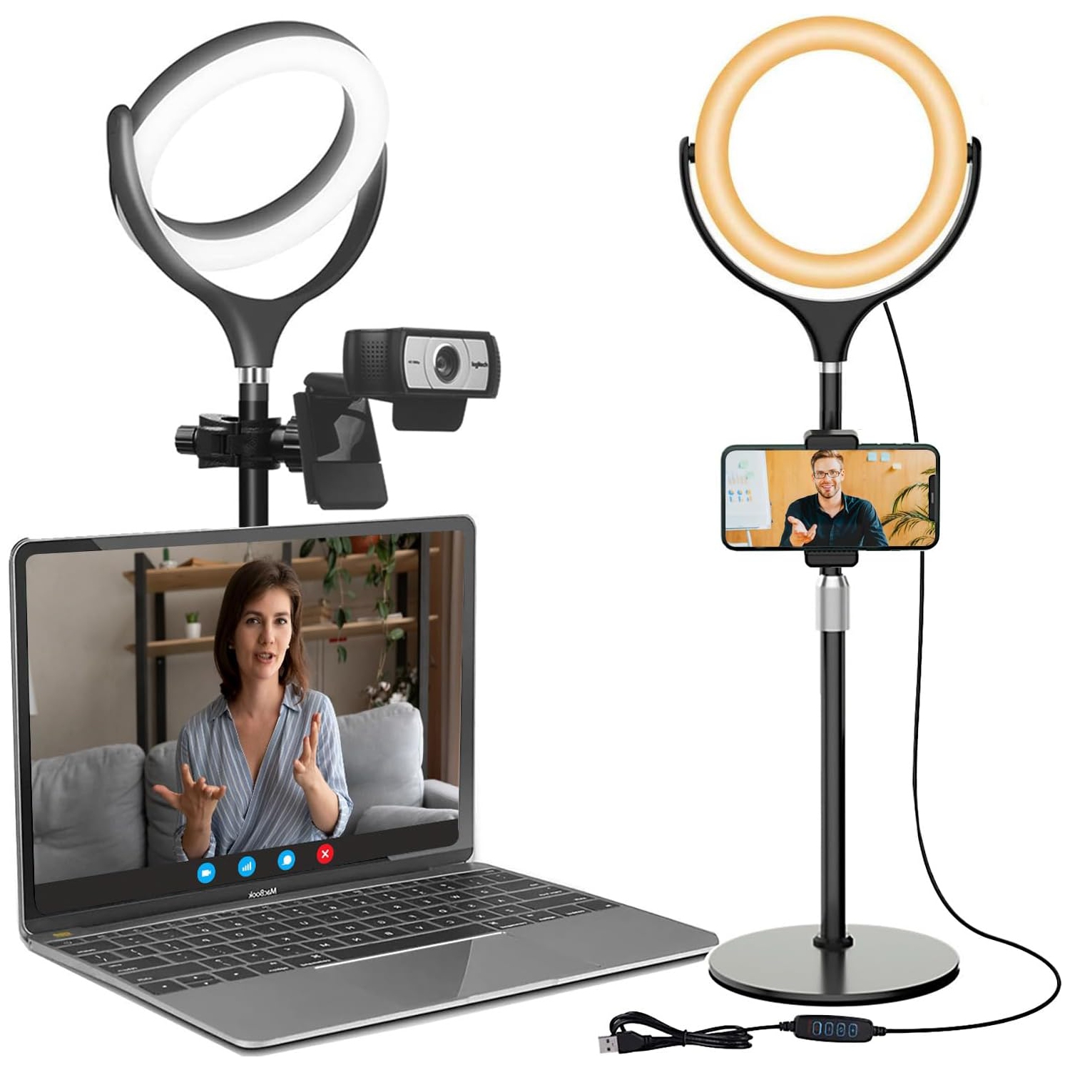 Anneau lumineux pour ordinateur de 8 po avec support, anneau lumineux pour bureau avec support pour ordinateur portatif/vidéoconférence/caméra Web