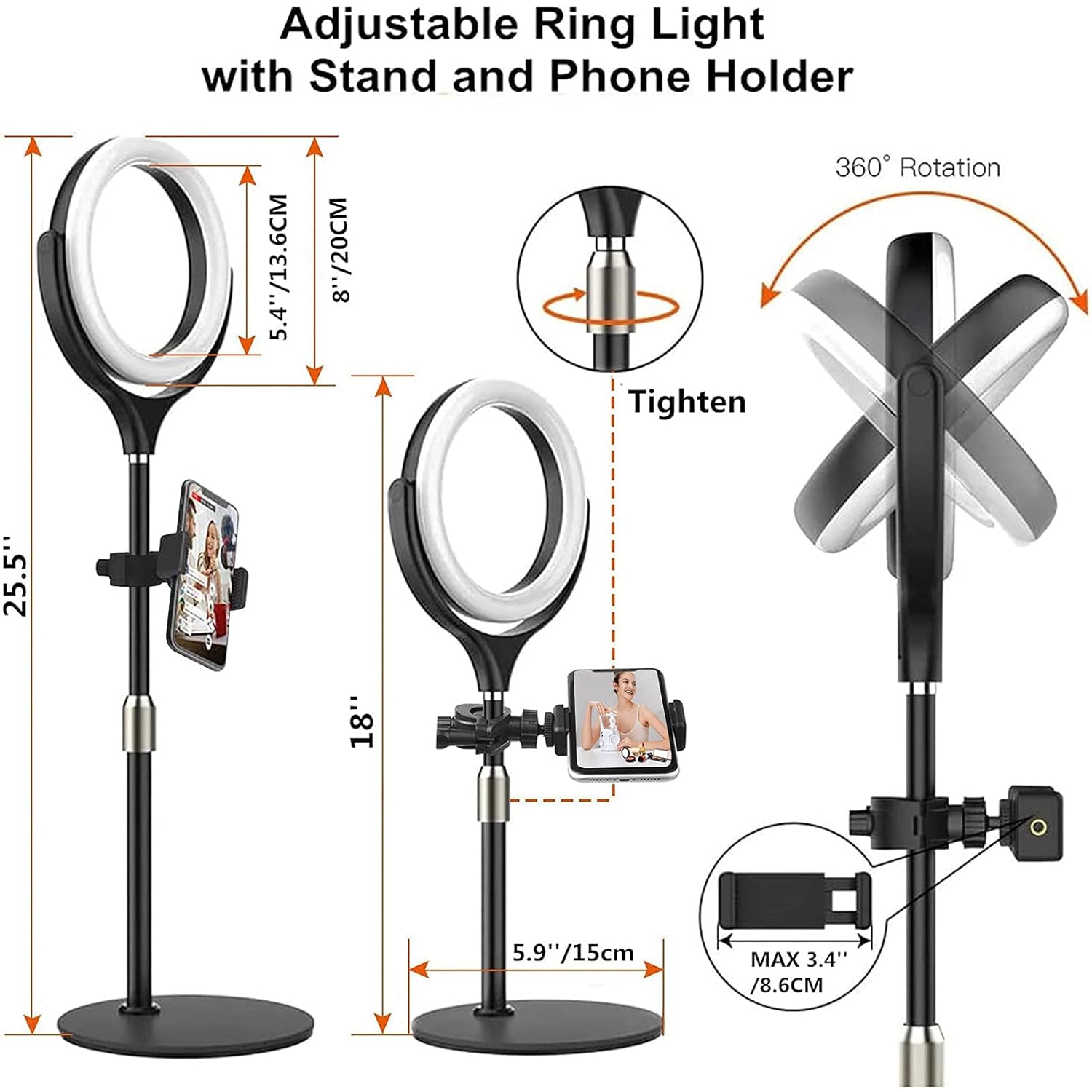 Anneau lumineux pour ordinateur de 8 po avec support, anneau lumineux pour bureau avec support pour ordinateur portatif/vidéoconférence/caméra Web