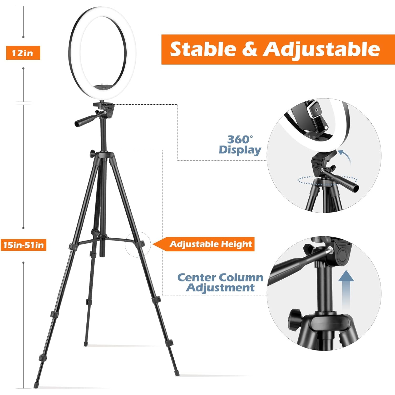 12'' Ring Light with Tripod Stand, LED Selfie Ring Light with Stand and Phone Holder for Photography/Recording/YouTube/TikTok/Cameras