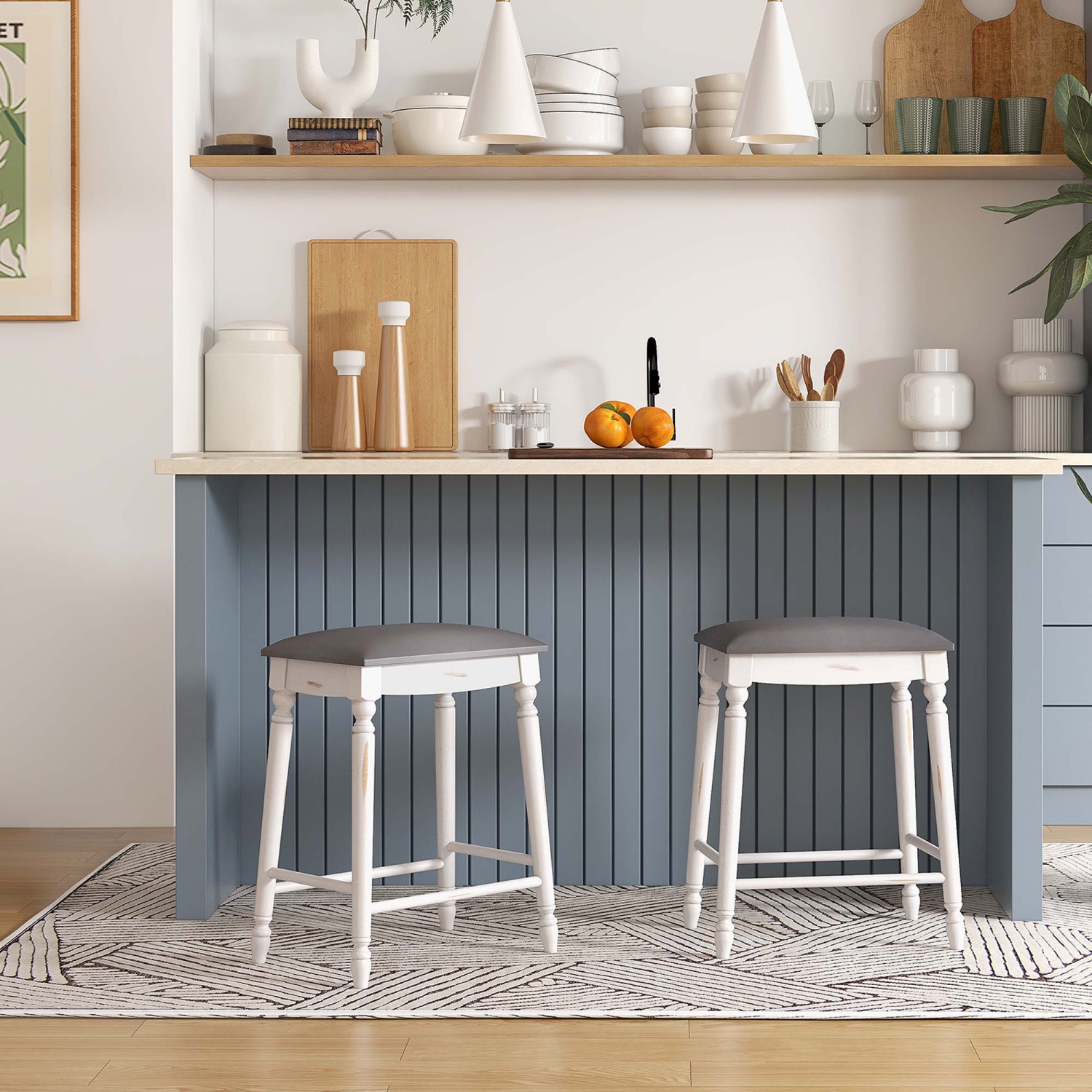 Costway 2 PCS 24" Counter Height Bar Stools Backless Bar Stools with Faux Leather Cover White&Gray