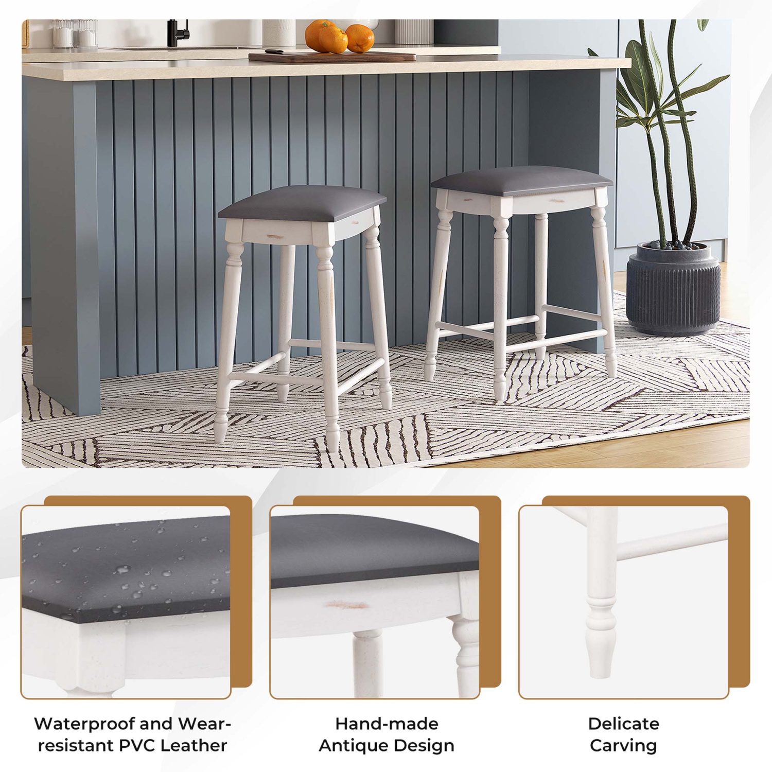 Costway 2 PCS 24" Counter Height Bar Stools Backless Bar Stools with Faux Leather Cover White&Gray