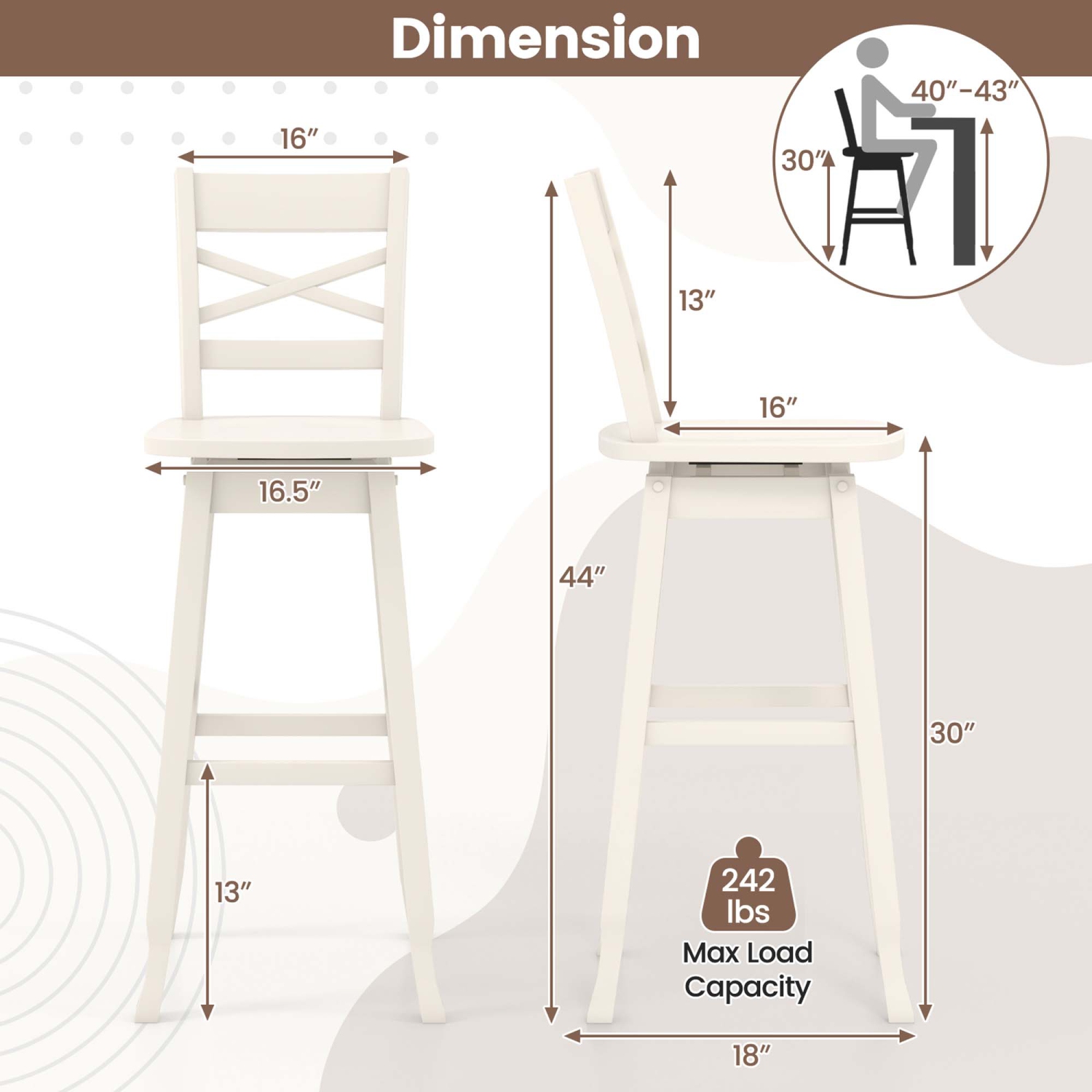 Costway 2 PCS 30" Bar Height Stool Rubber Wood Swivel Bar Stool with Inclined Backrest Cream