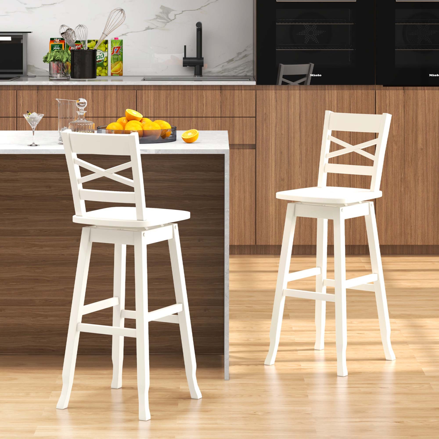 Costway 2 PCS 30" Bar Height Stool Rubber Wood Swivel Bar Stool with Inclined Backrest Cream