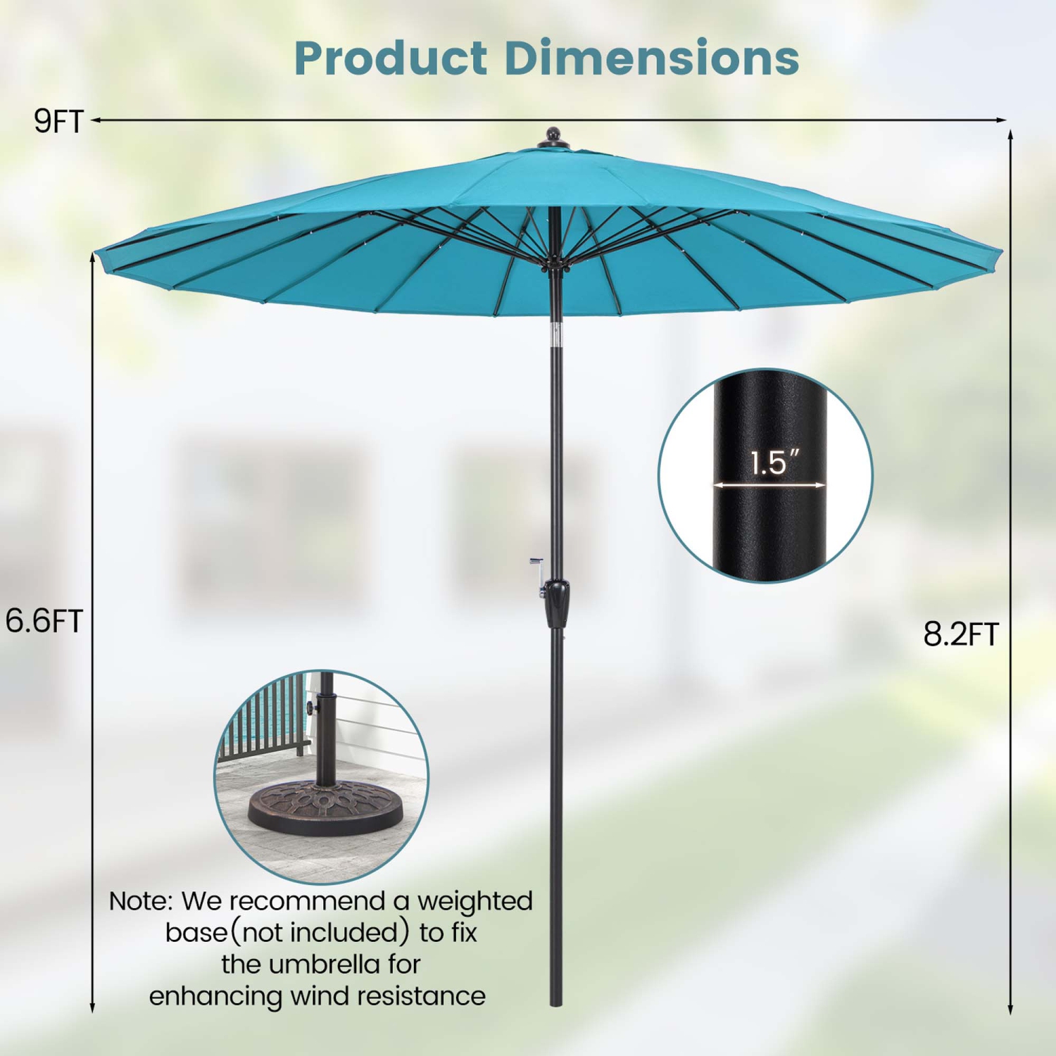 Costway 9 FT Patio Round Market Umbrella with Push Button Tilt, Crank Handle, Vented Top