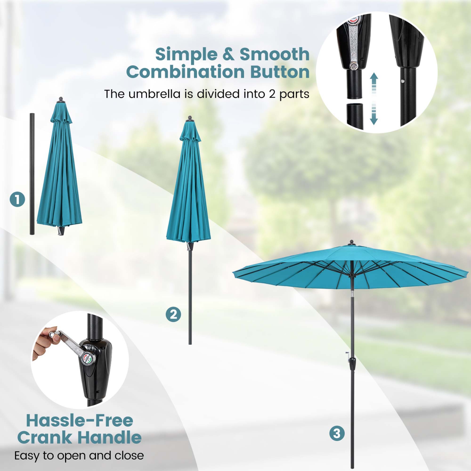 Costway 9 FT Patio Round Market Umbrella with Push Button Tilt, Crank Handle, Vented Top