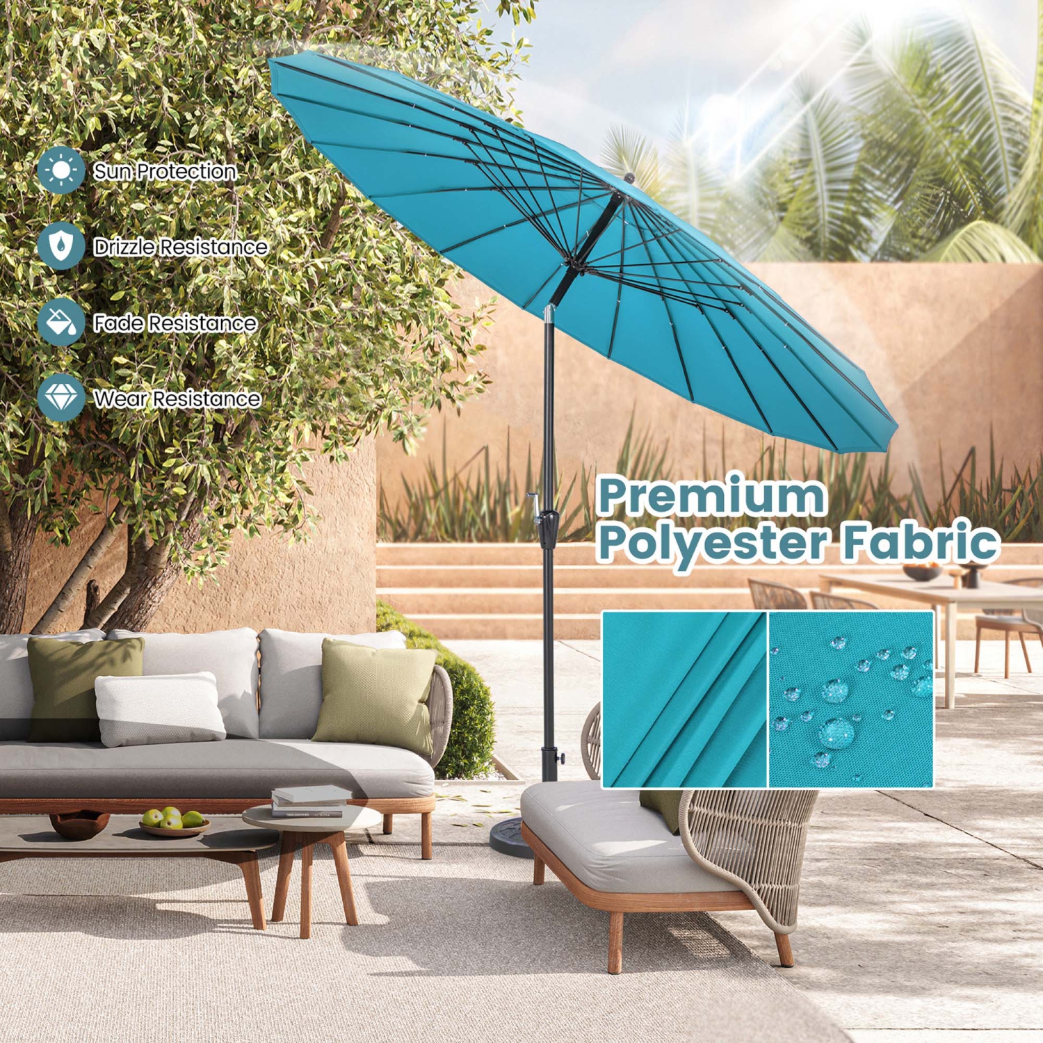 Costway 9 FT Patio Round Market Umbrella with Push Button Tilt, Crank Handle, Vented Top