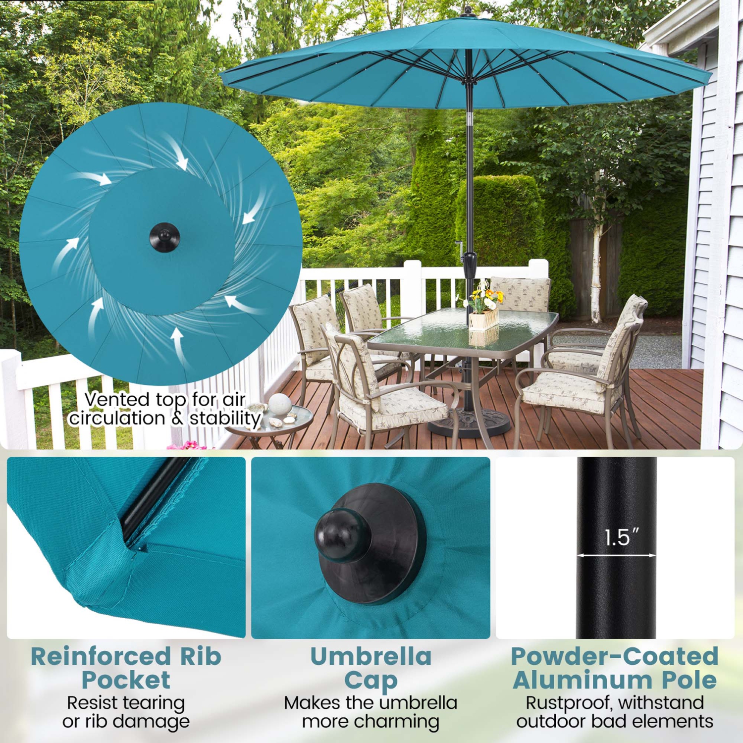 Costway 9 FT Patio Round Market Umbrella with Push Button Tilt, Crank Handle, Vented Top