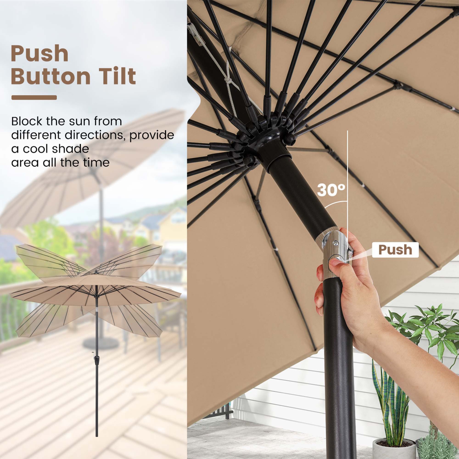 Costway 9 FT Patio Round Market Umbrella with Push Button Tilt, Crank Handle, Vented Top