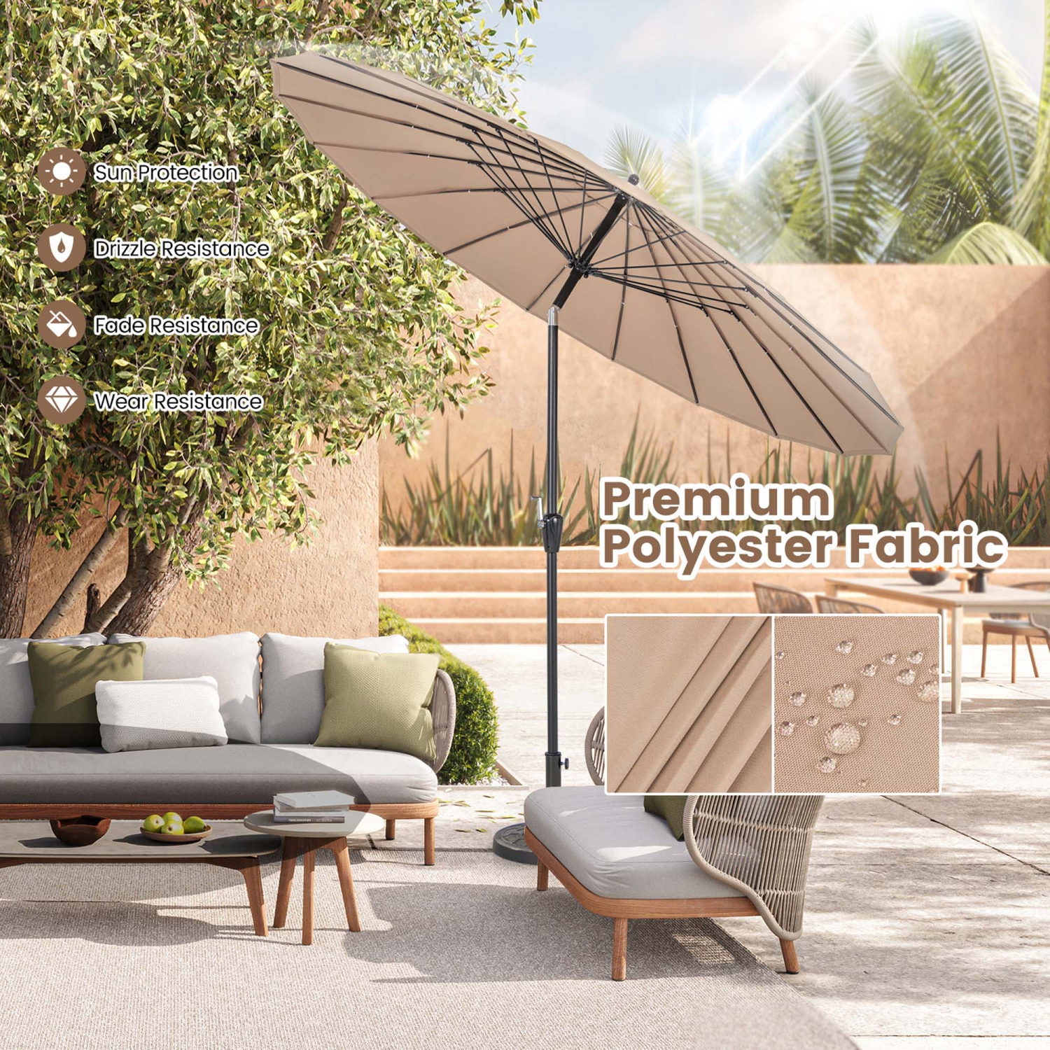 Costway 9 FT Patio Round Market Umbrella with Push Button Tilt, Crank Handle, Vented Top