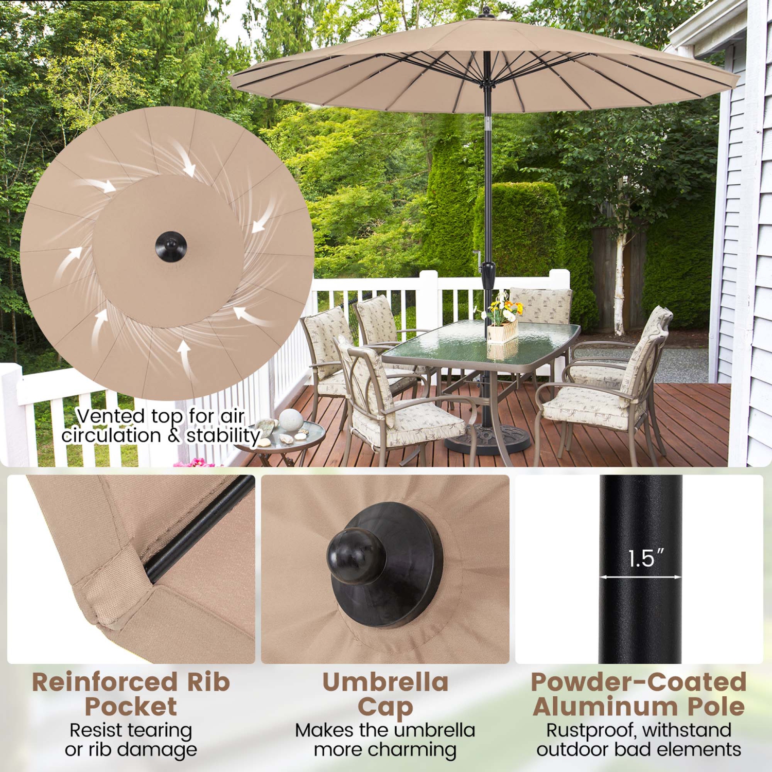Costway 9 FT Patio Round Market Umbrella with Push Button Tilt, Crank Handle, Vented Top