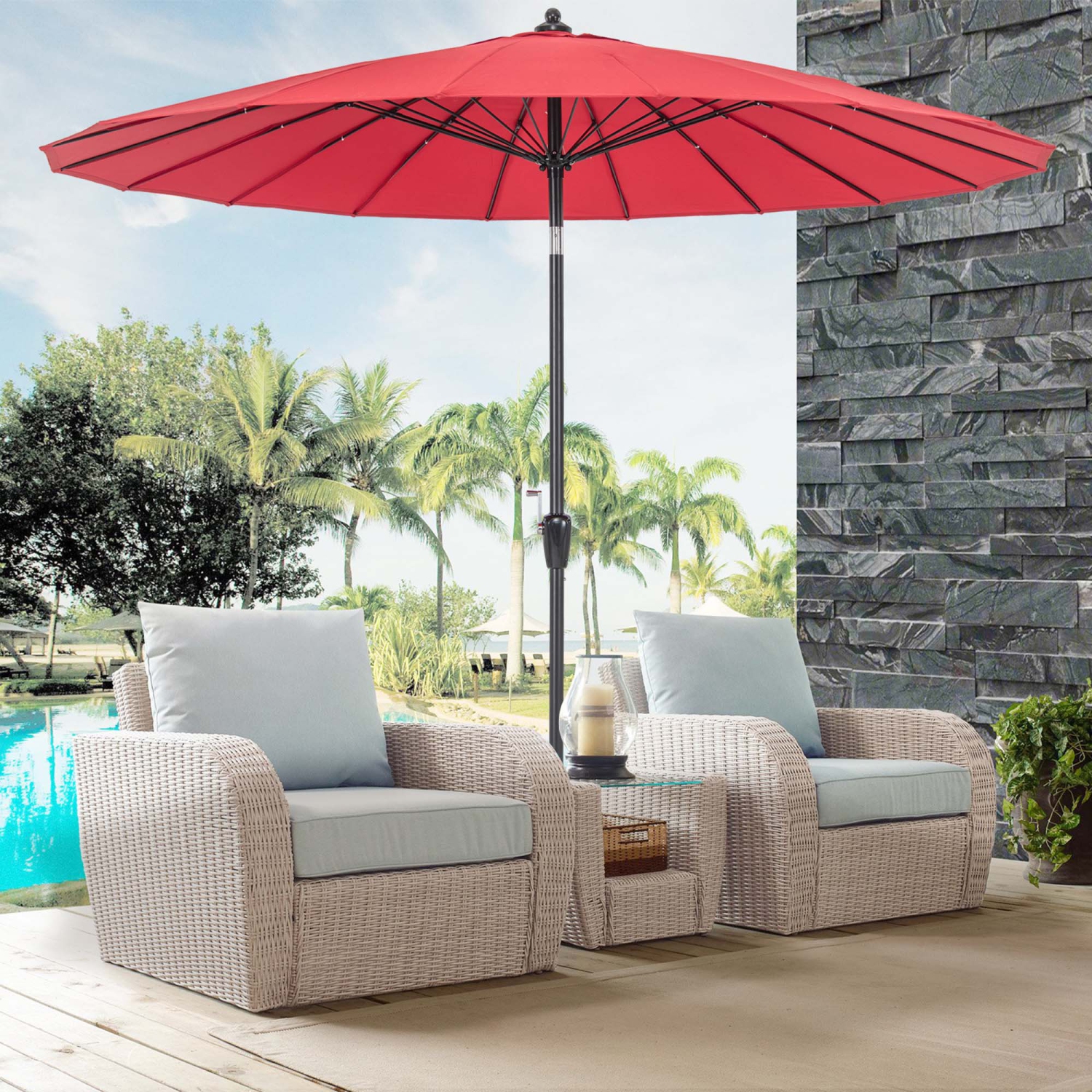 Costway 9 FT Patio Round Market Umbrella with Push Button Tilt, Crank Handle, Vented Top