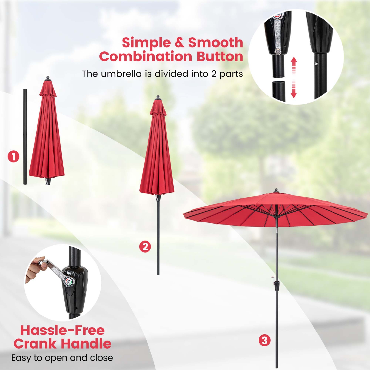 Costway 9 FT Patio Round Market Umbrella with Push Button Tilt, Crank Handle, Vented Top