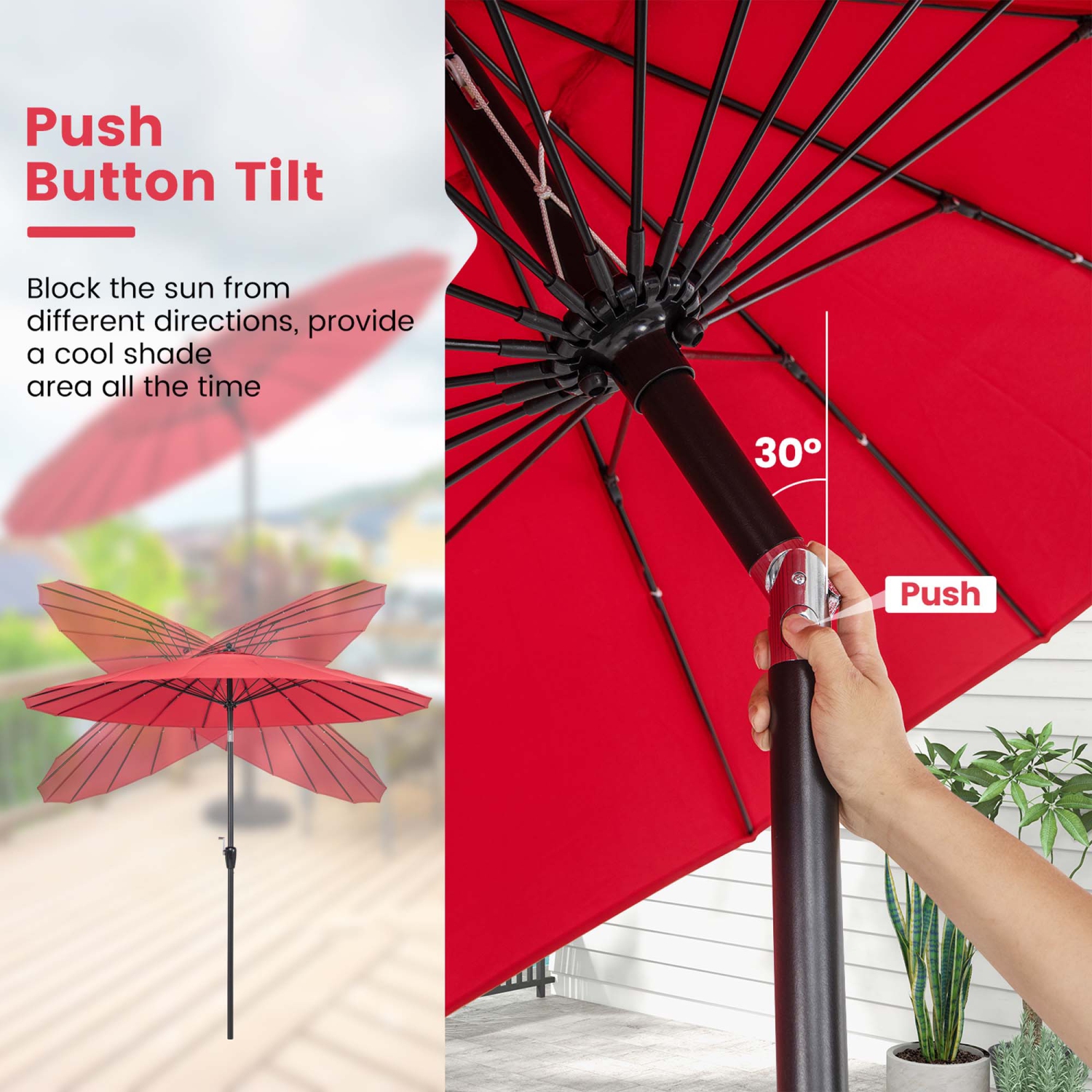 Costway 9 FT Patio Round Market Umbrella with Push Button Tilt, Crank Handle, Vented Top
