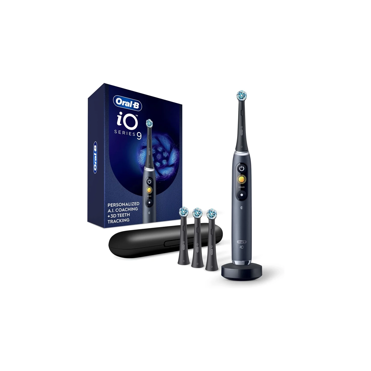 Oral-B Power iO Series 9 Electric Toothbrush - Black Onyx, Rechargeable with 4 Brush Heads and Charging Travel Case