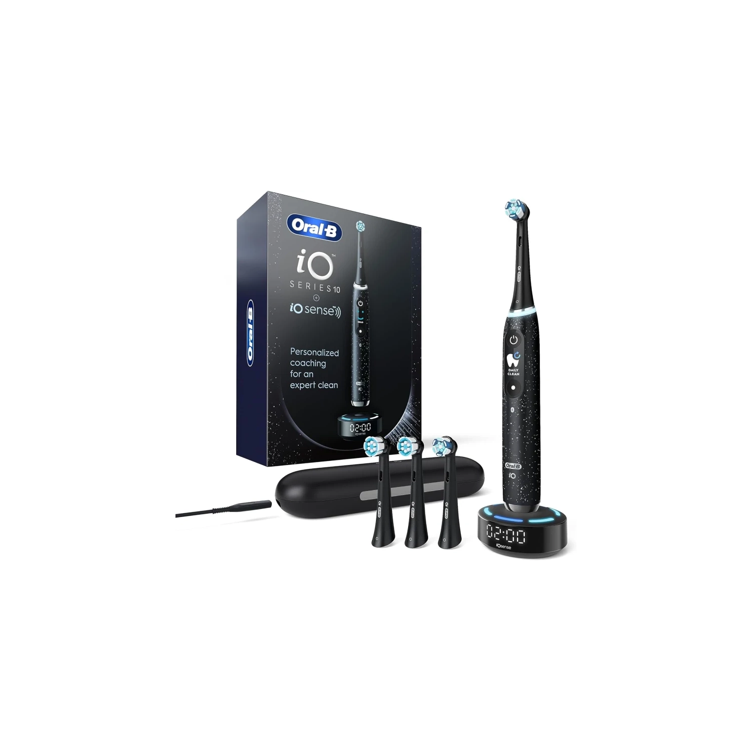 Oral-B iO Series 10 Electric Toothbrush, Cosmic Black, 4 Brush Heads, Travel Case, iO Sense Charger - Pressure Sensor, 7 Cleaning Modes, 2-Minute Timer