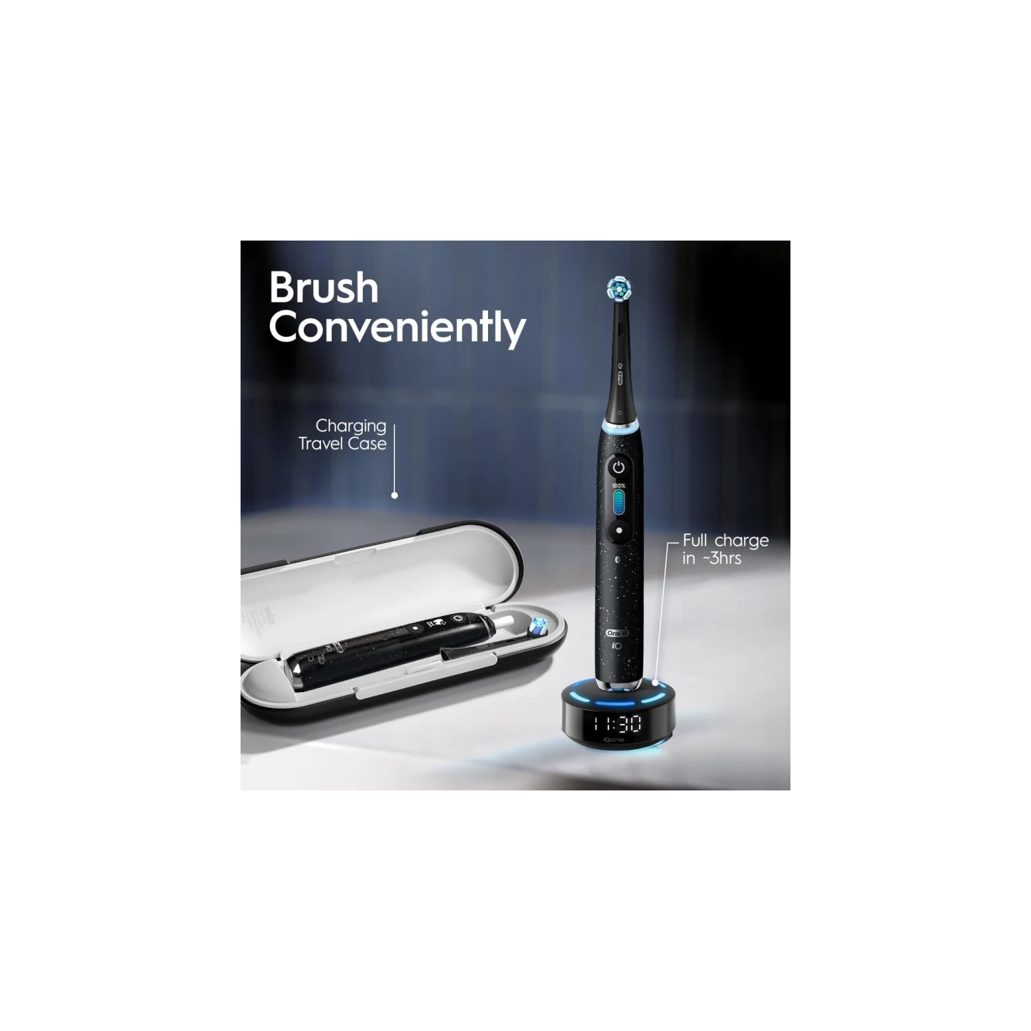 Brosse à dents électrique iO de série 10 d'Oral-B, noir cosmique, 4 têtes de brosse, étui de transport, chargeur IO Sense - capteur de pression, 7