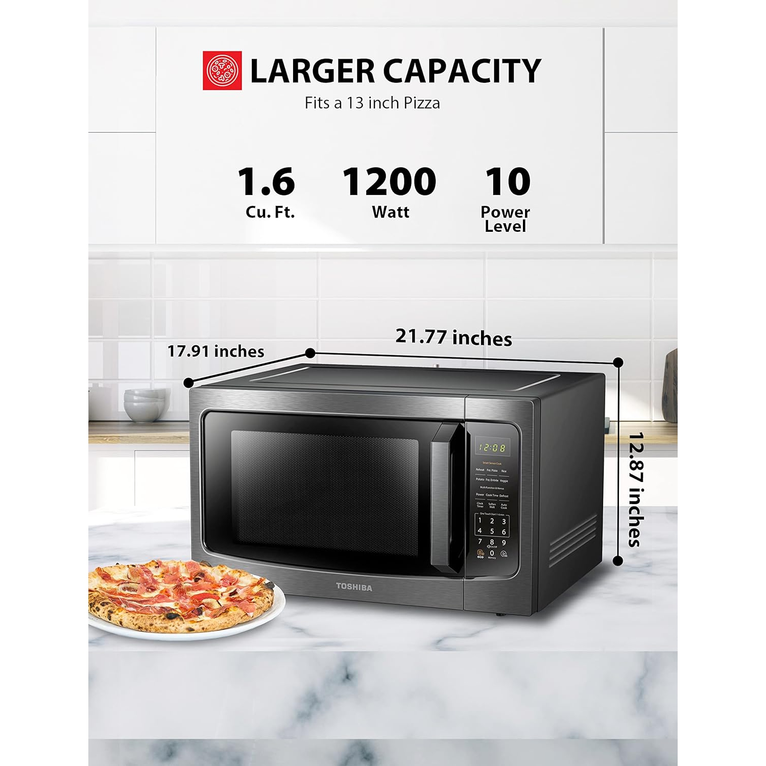 TOSHIBA TMC16S4AST Microwave Oven with Origin Inverter Technology, LCD Display and Smart Sensor, 1.6 Cu.ft, Stainless Steel