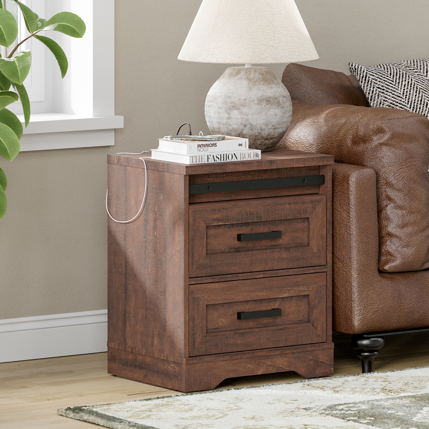 WAMPAT 2 Pack End Table with Charging Station Side Sofa Table with 3 Drawers, Modern Nightstand with Power Outlets & USB Ports for Living Room,