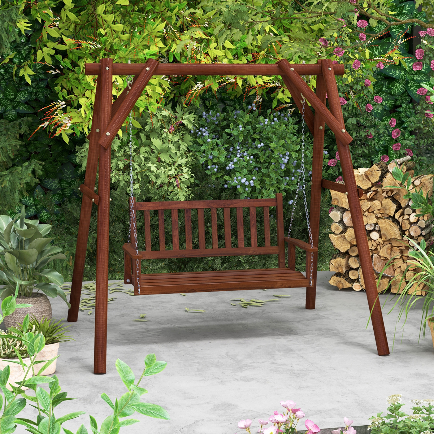 Costway 3-Person Wooden Outdoor Porch Swing Heavy Duty Patio Hanging Bench Chair