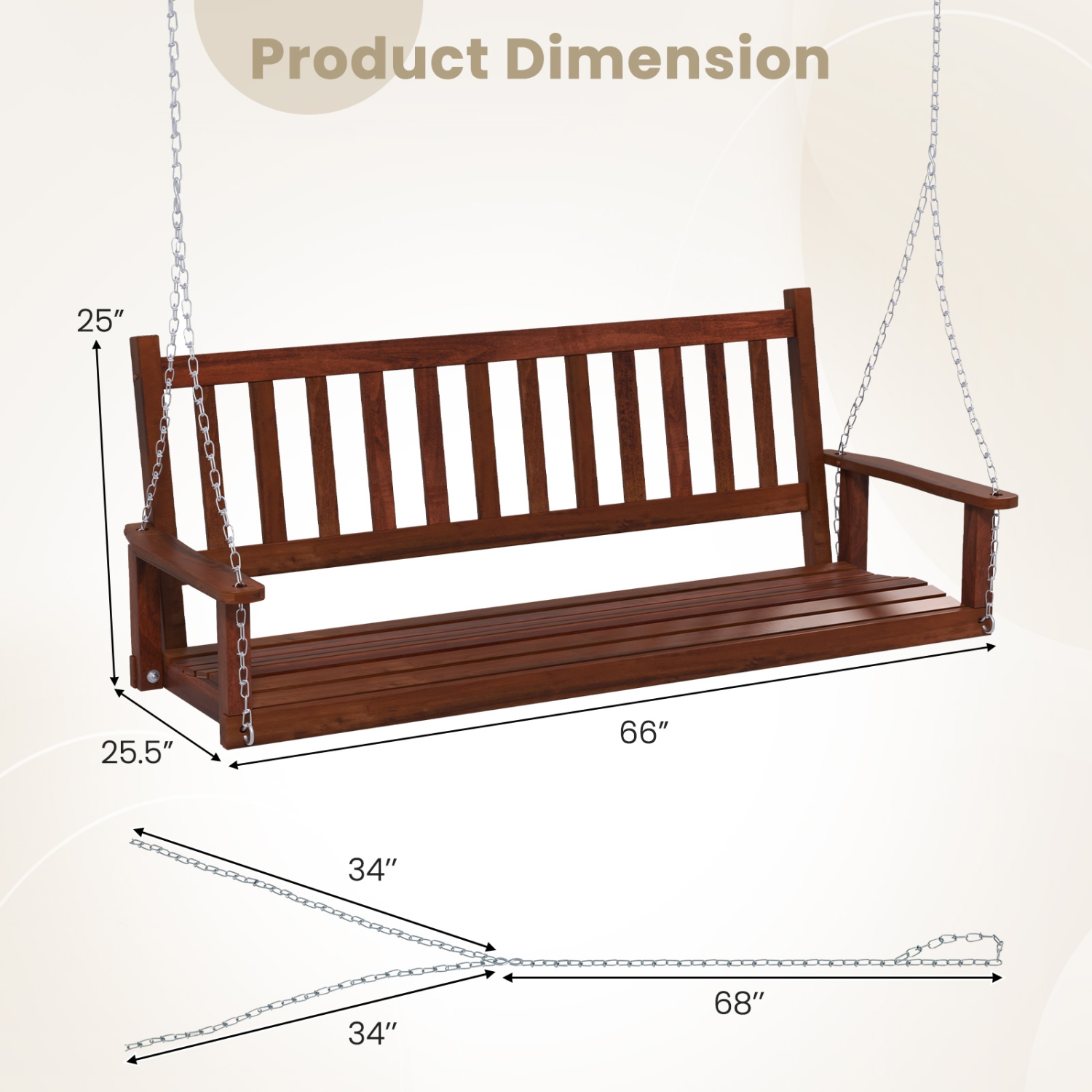 Costway 3-Person Wooden Outdoor Porch Swing Heavy Duty Patio Hanging Bench Chair