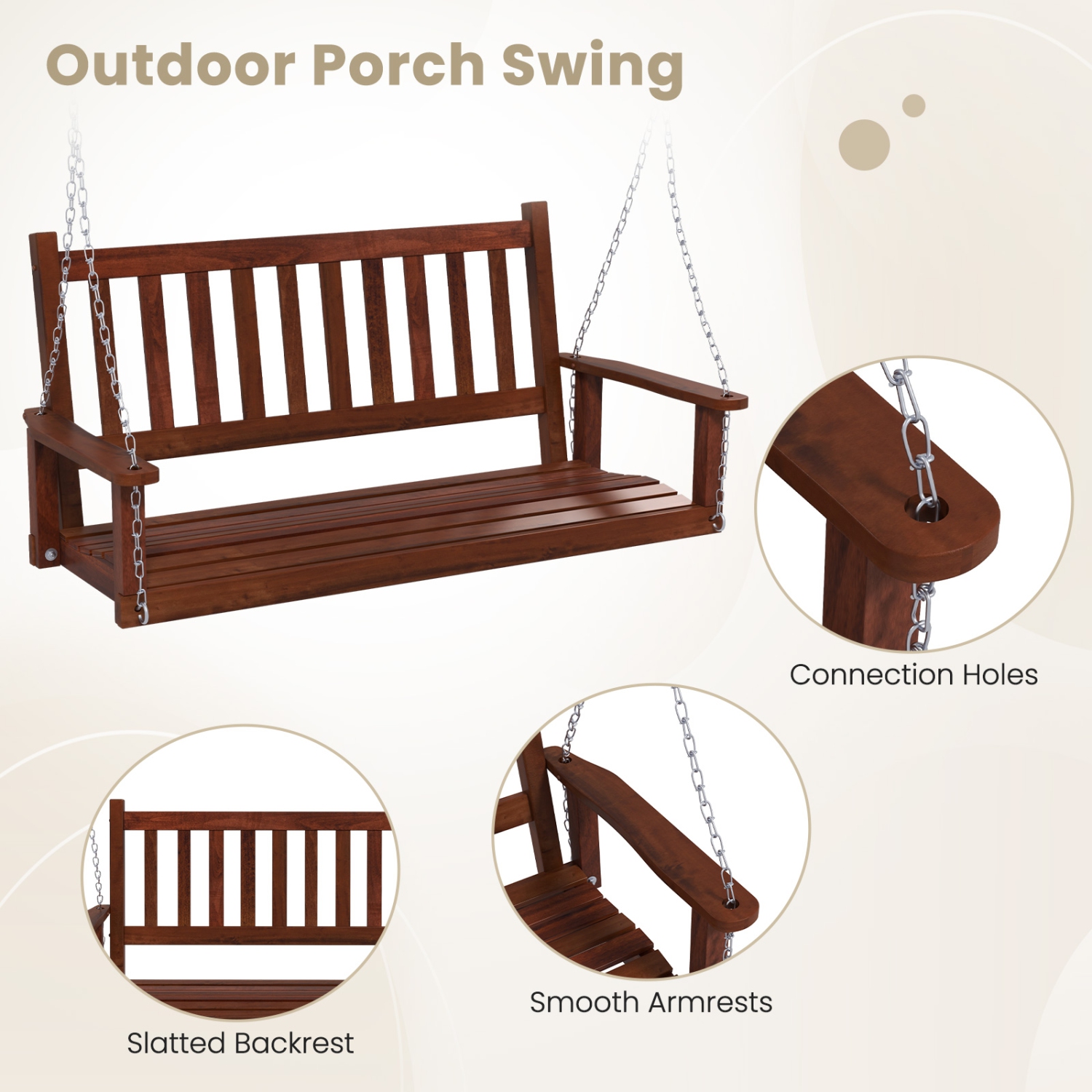 Costway 3-Person Wooden Outdoor Porch Swing Heavy Duty Patio Hanging Bench Chair