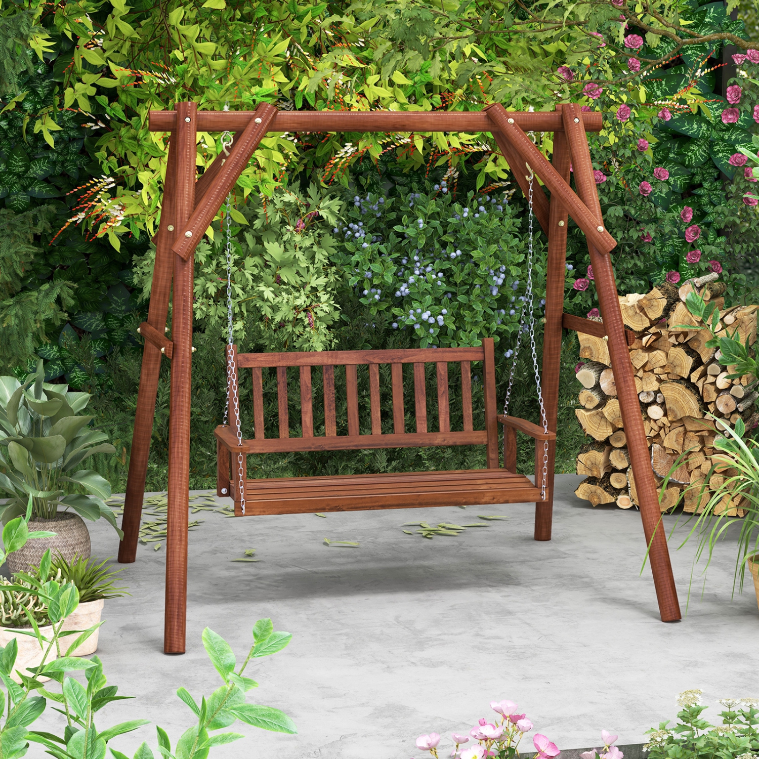 Costway 2-Person Wooden Outdoor Porch Swing Heavy Duty Patio Hanging Bench Chair