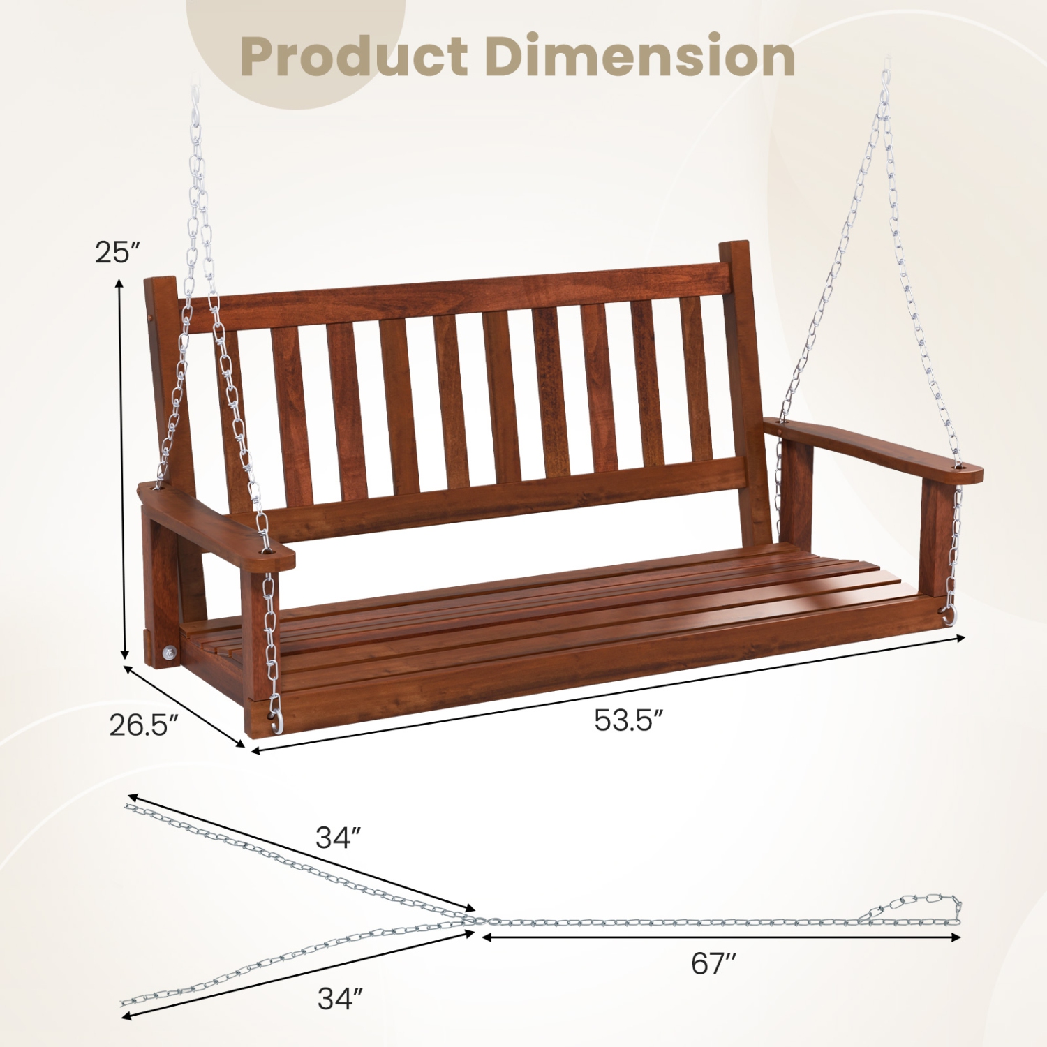 Costway 2-Person Wooden Outdoor Porch Swing Heavy Duty Patio Hanging Bench Chair