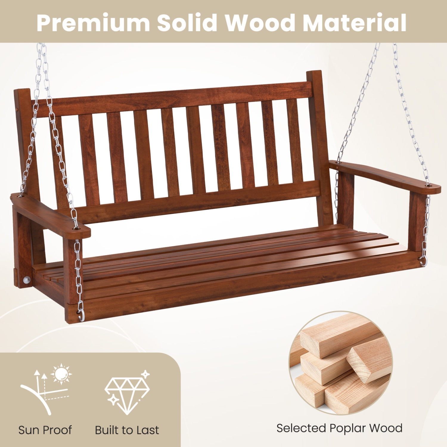 Costway 2-Person Wooden Outdoor Porch Swing Heavy Duty Patio Hanging Bench Chair