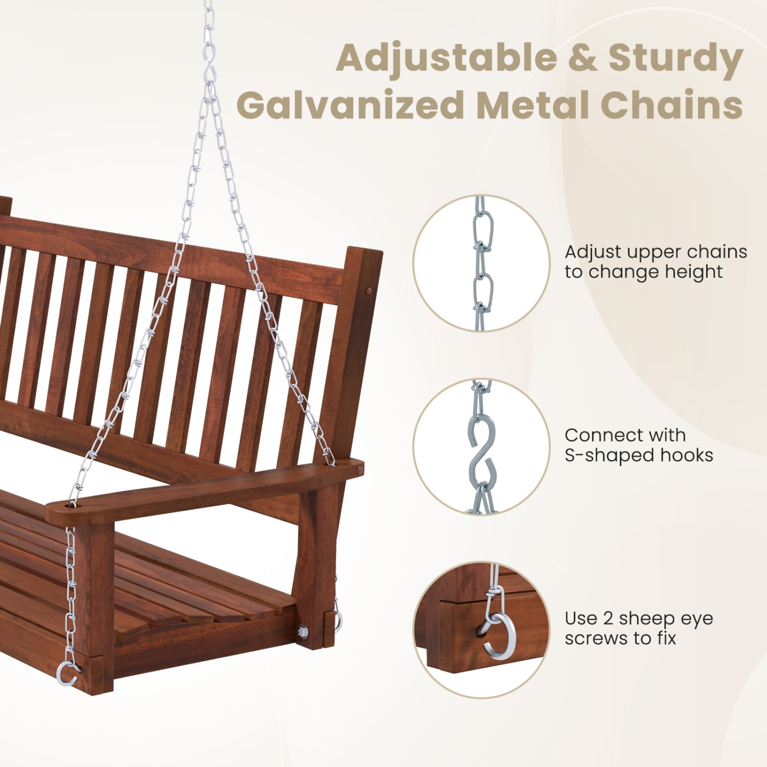 Costway 2-Person Wooden Outdoor Porch Swing Heavy Duty Patio Hanging Bench Chair