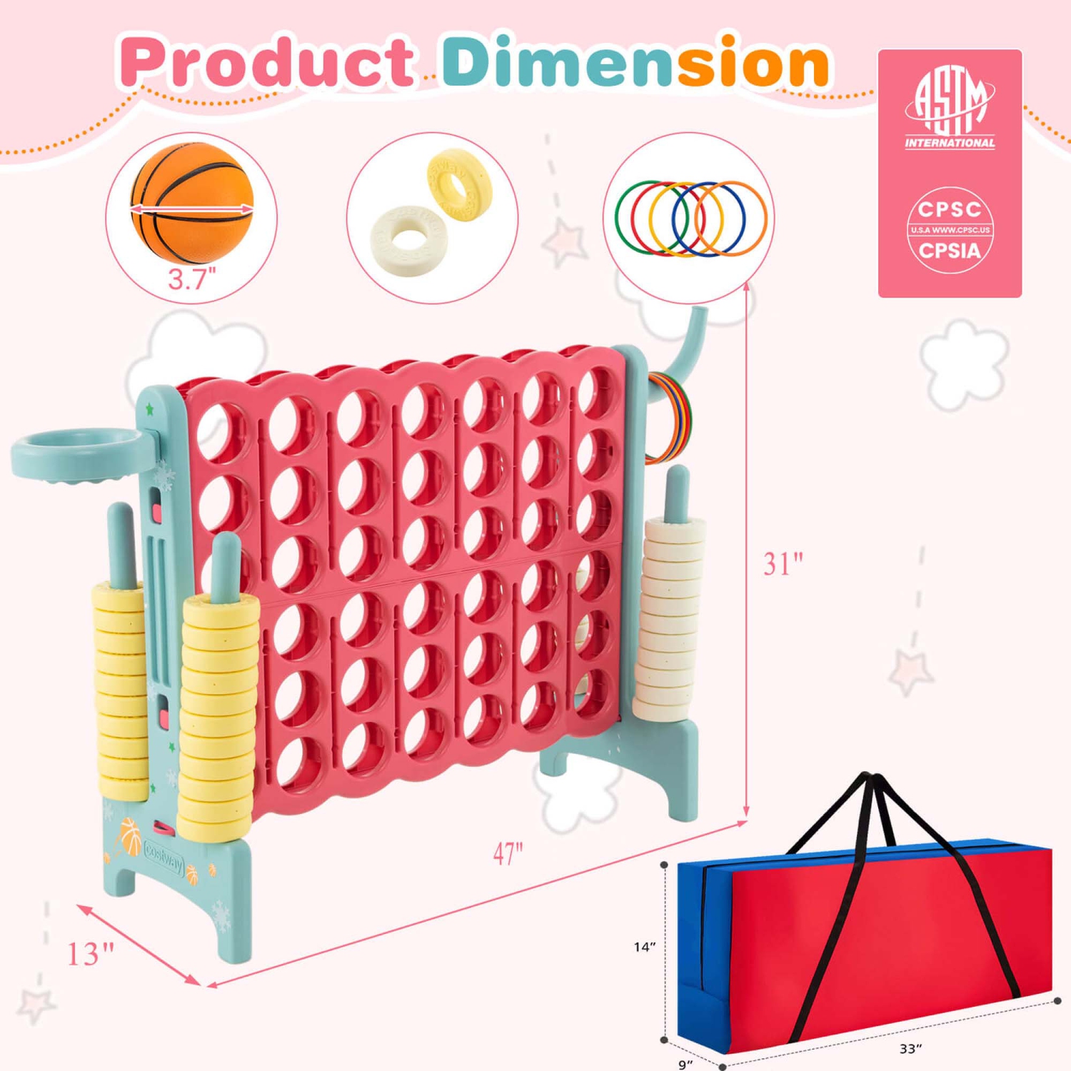 Costway 4-to-Score Game Set 4 in A Row Jumbo withStorage Carrying Bag Sticker for Adult Kids