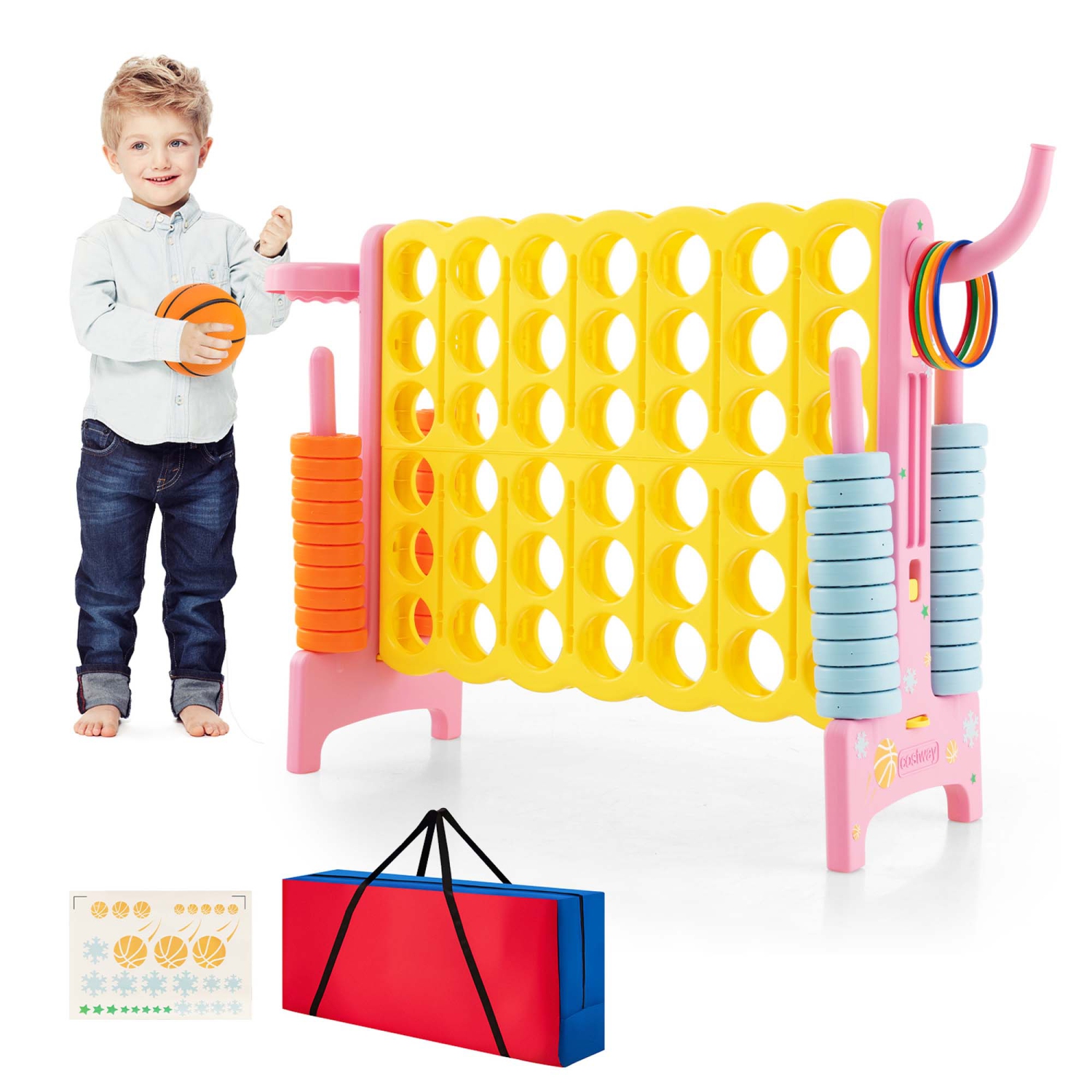 Costway Jumbo 4-to-Score 4 in A Row Giant Game Set with Stickers for Kids Adults with Storage Carry Bag Pink