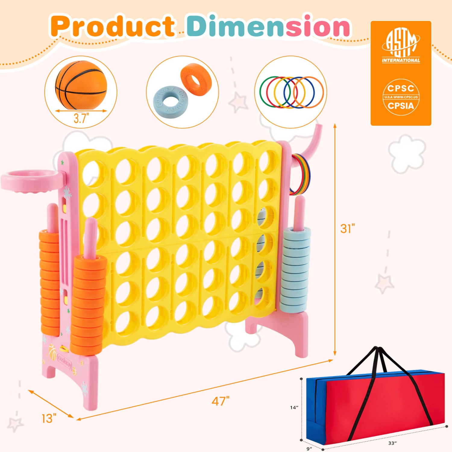 Costway Jumbo 4-to-Score 4 in A Row Giant Game Set with Stickers for Kids Adults with Storage Carry Bag Pink