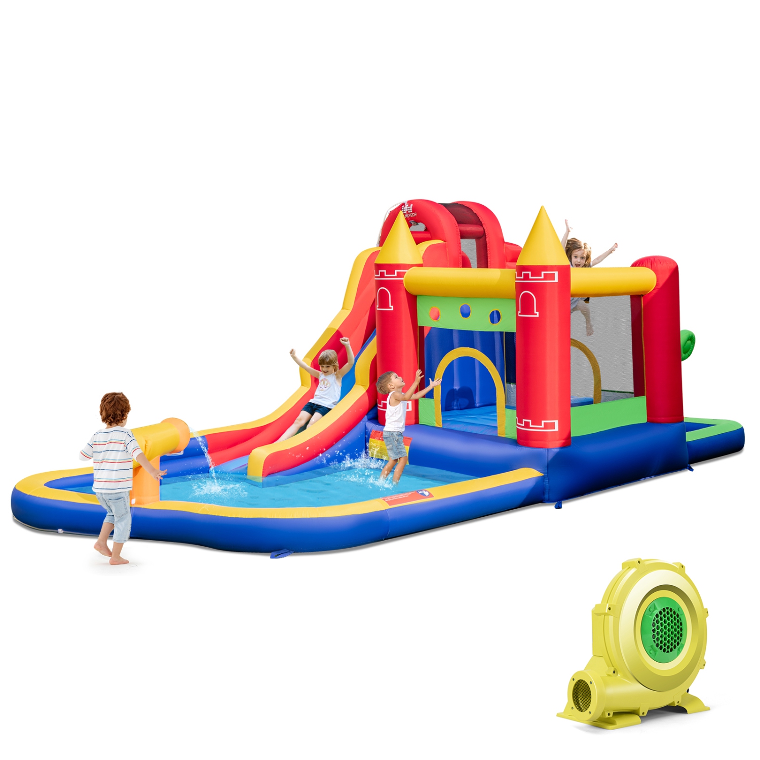 Costway 9-in-1 Inflatable Bounce Castle with Waterslide Water Cannon for 3+ with 735W Blower