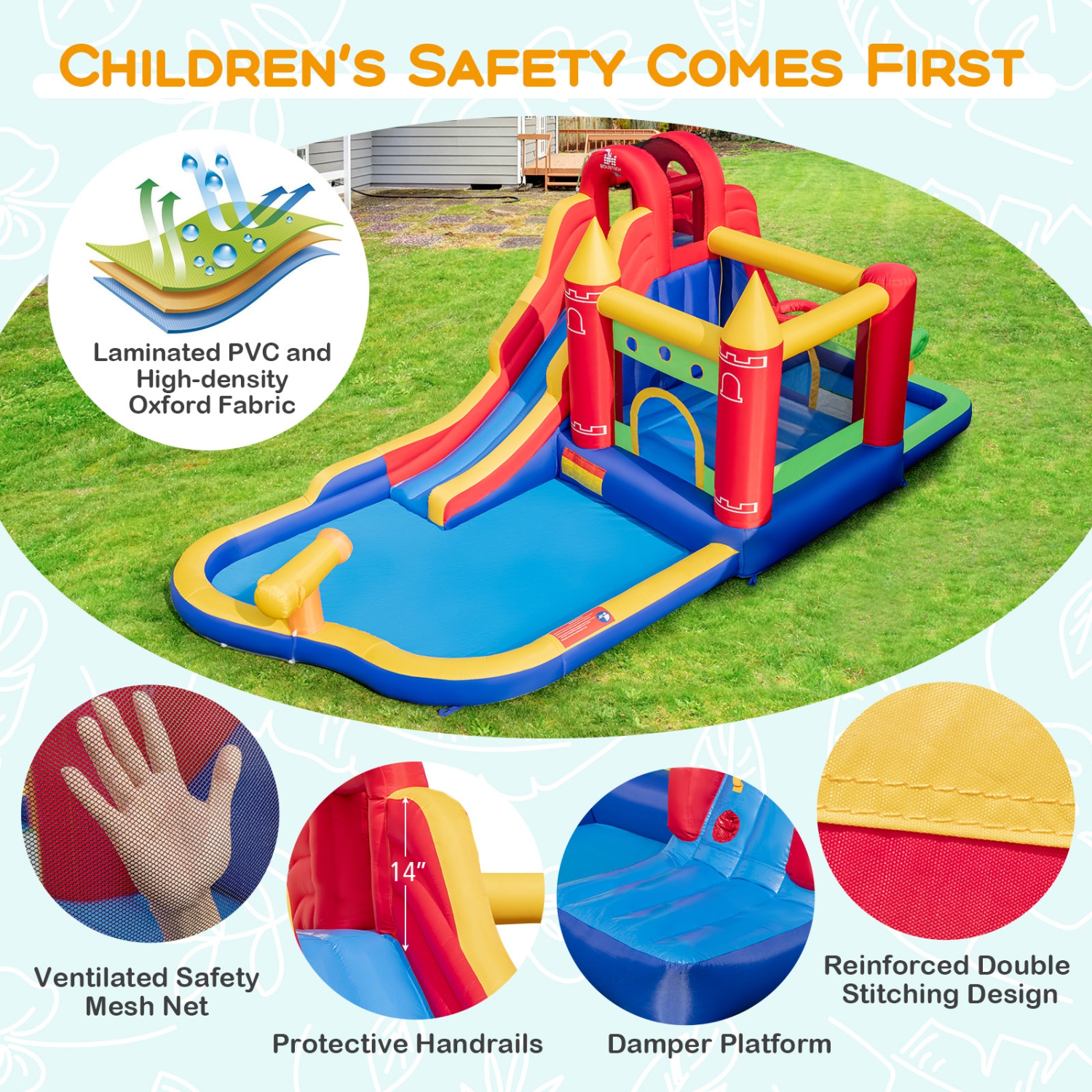 Costway 9-in-1 Inflatable Bounce Castle with Waterslide Water Cannon for 3+ with 735W Blower