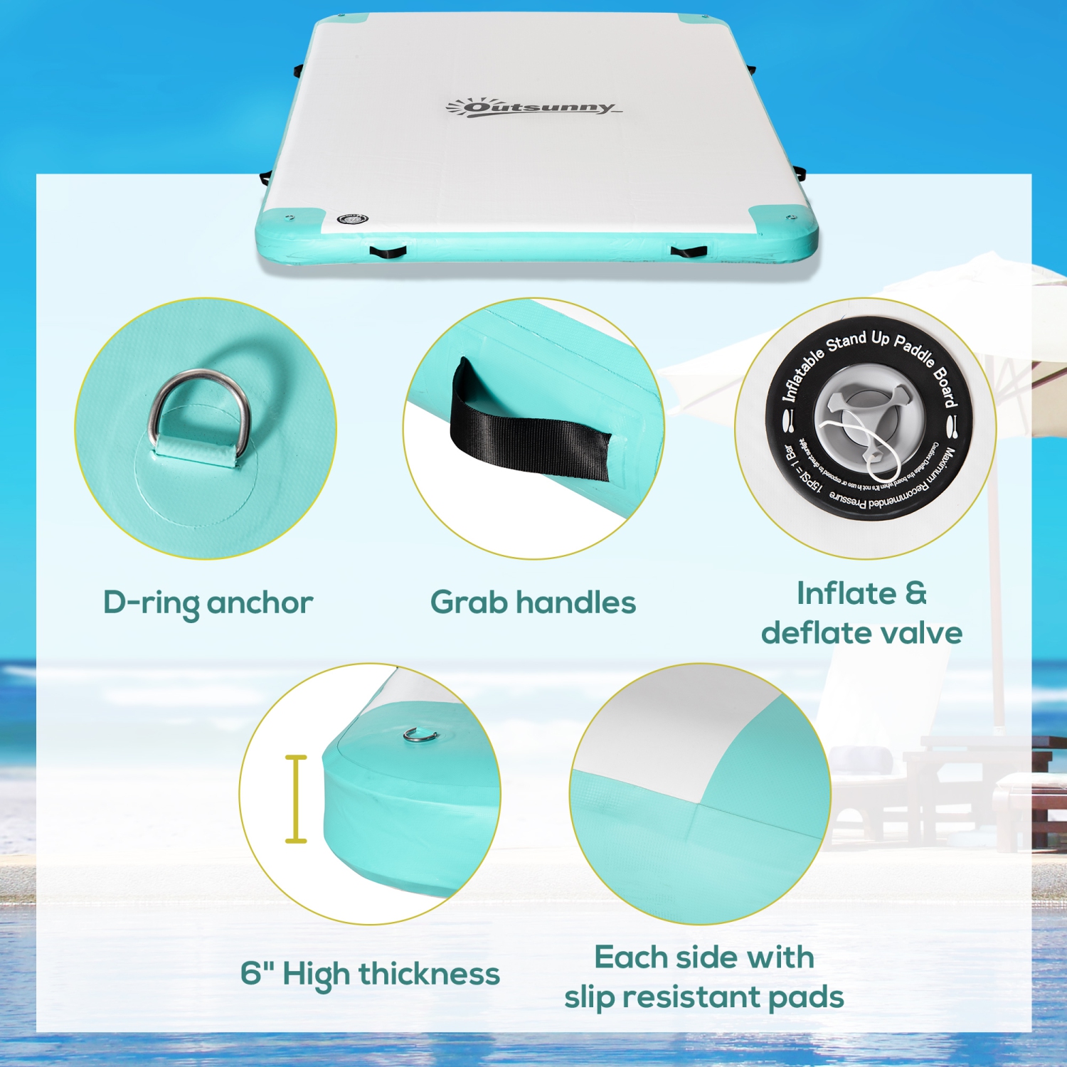 Outsunny 10' x 7' Water Inflatable Floating Dock, Rafting Platform Island, Large Mat with Air Pump & Backpack, for Pool, Beach, Ocean, Blue and Green