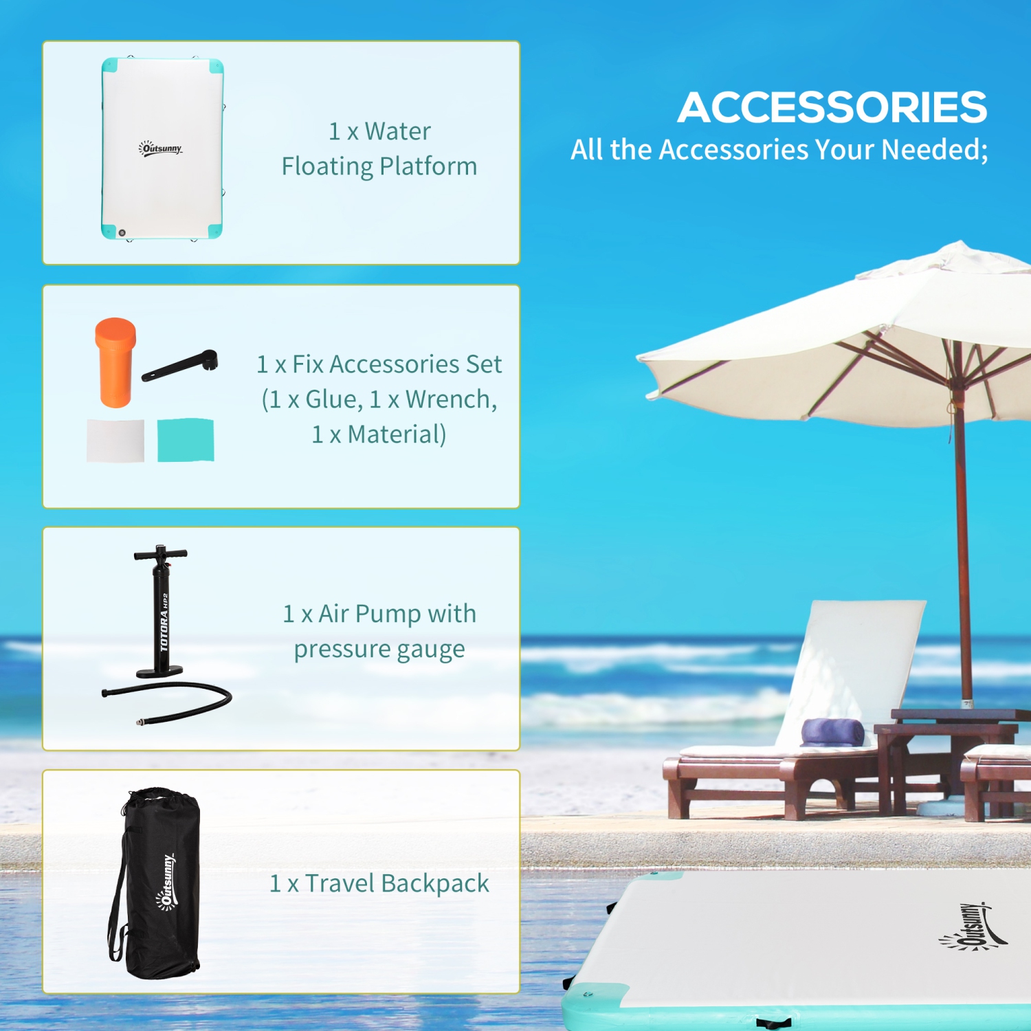 Outsunny 10' x 7' Water Inflatable Floating Dock, Rafting Platform Island, Large Mat with Air Pump & Backpack, for Pool, Beach, Ocean, Blue and Green