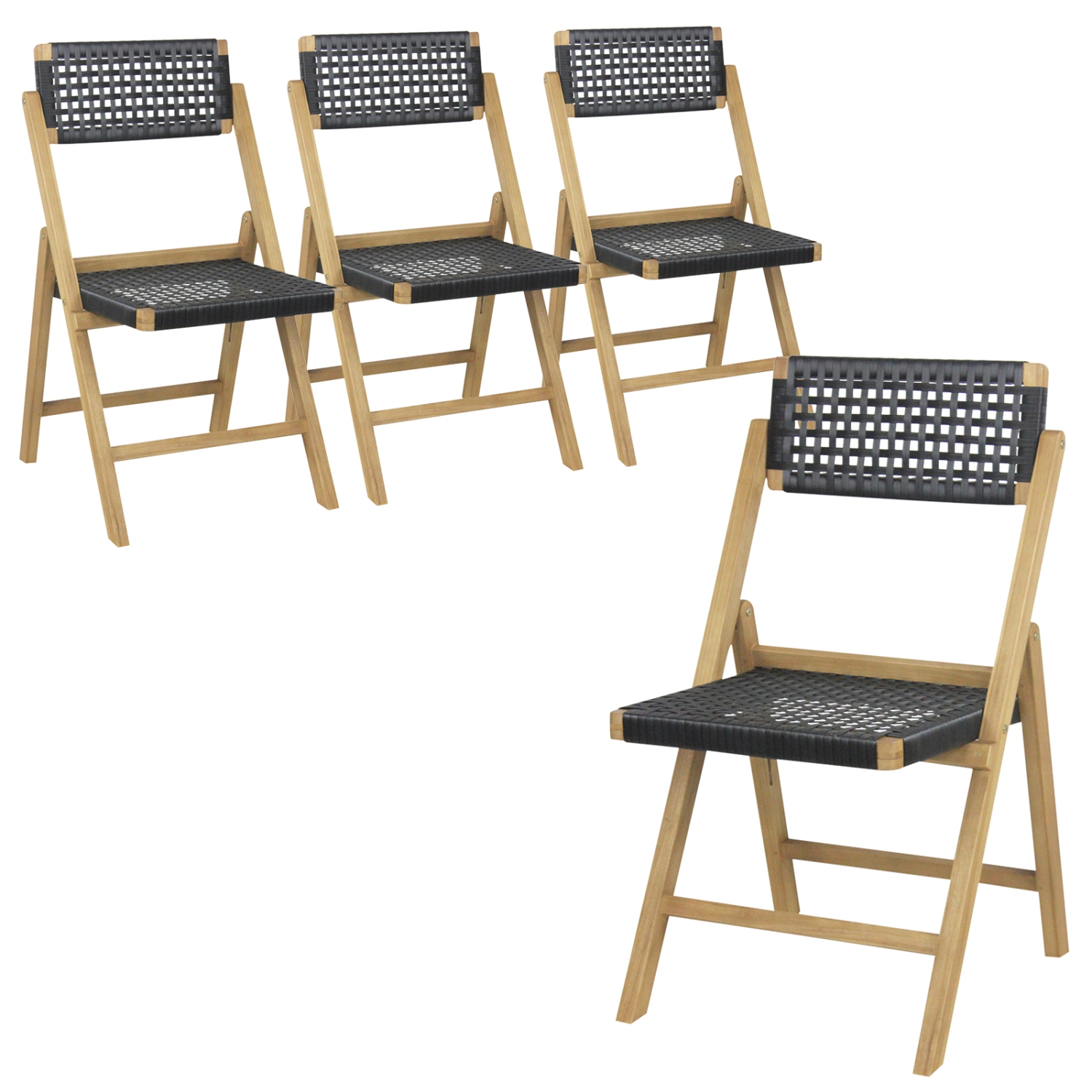 Chaises pliantes patio 4 pièces Costway, siège en corde tissée, dossier haut, Indonésie, teck pour porche, naturel et noir