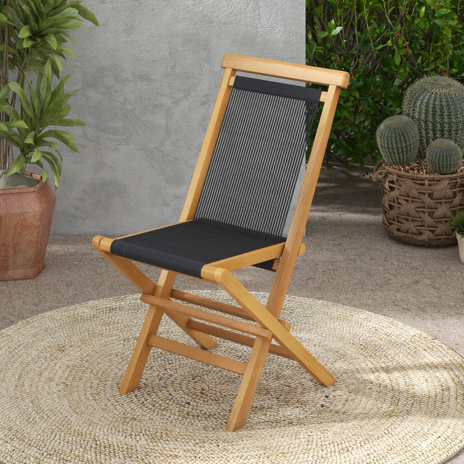 Costway 2 PCS Patio Folding Chairs with Woven Rope Seat & Back Indonesia Teak Wood for Porch Natural&Black