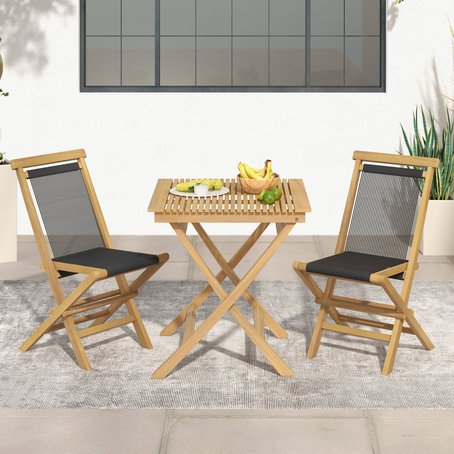 Costway 2 PCS Patio Folding Chairs with Woven Rope Seat & Back Indonesia Teak Wood for Porch Natural&Black