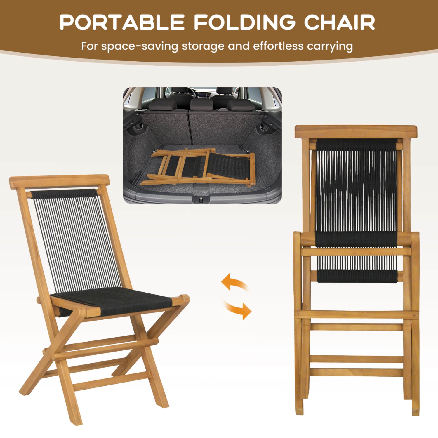 Costway 2 PCS Patio Folding Chairs with Woven Rope Seat & Back Indonesia Teak Wood for Porch Natural&Black