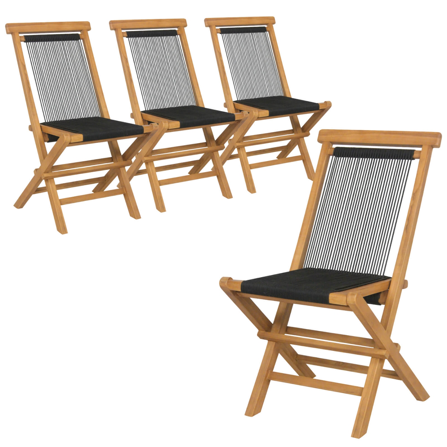 Costway 4 PCS Patio Folding Chairs with Woven Rope Seat & Back Indonesia Teak Wood for Porch Natural&Black