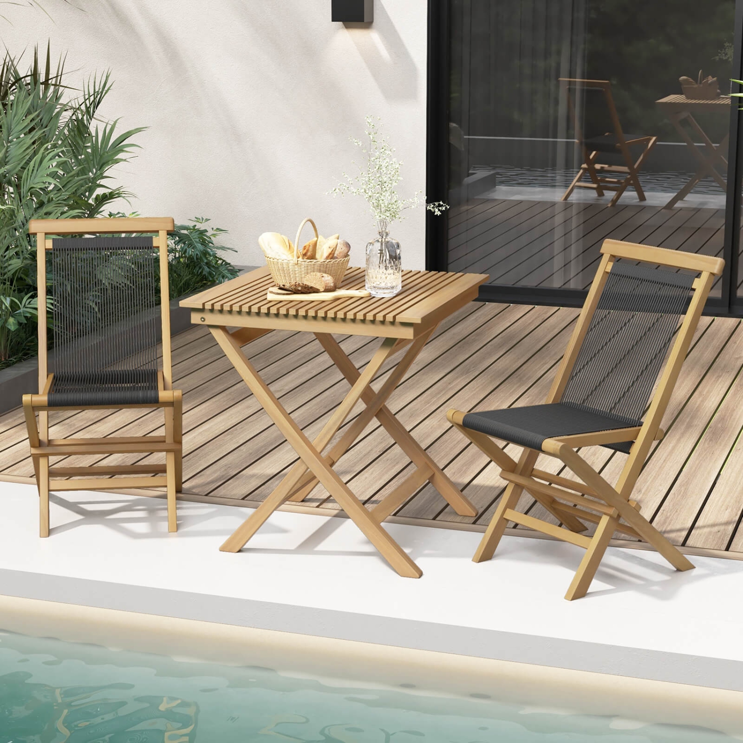 Costway 4 PCS Patio Folding Chairs with Woven Rope Seat & Back Indonesia Teak Wood for Porch Natural&Black