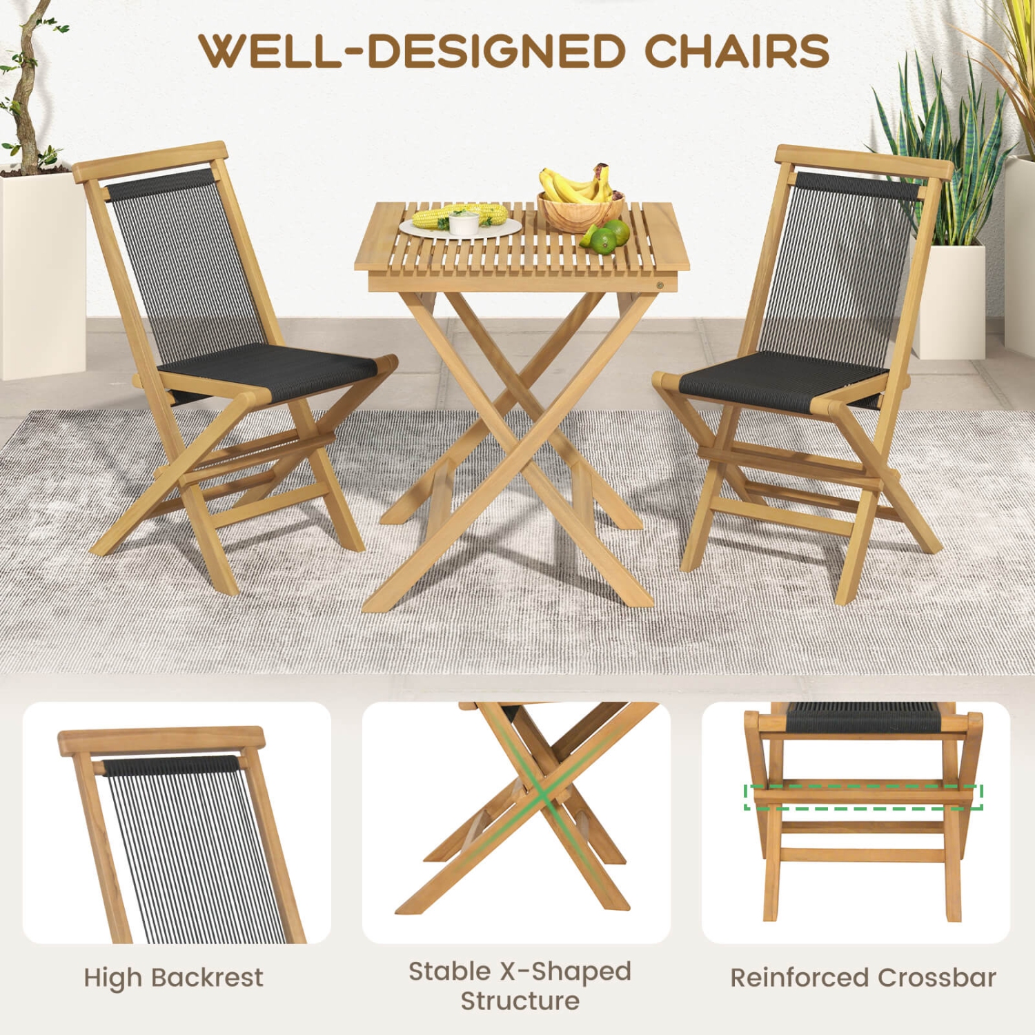 Costway 4 PCS Patio Folding Chairs with Woven Rope Seat & Back Indonesia Teak Wood for Porch Natural&Black